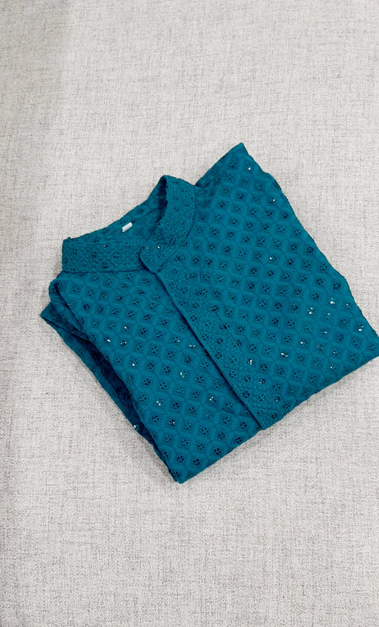 Turquoise Blue Rayon Chikan kurta set @ DressingStylesCA.com