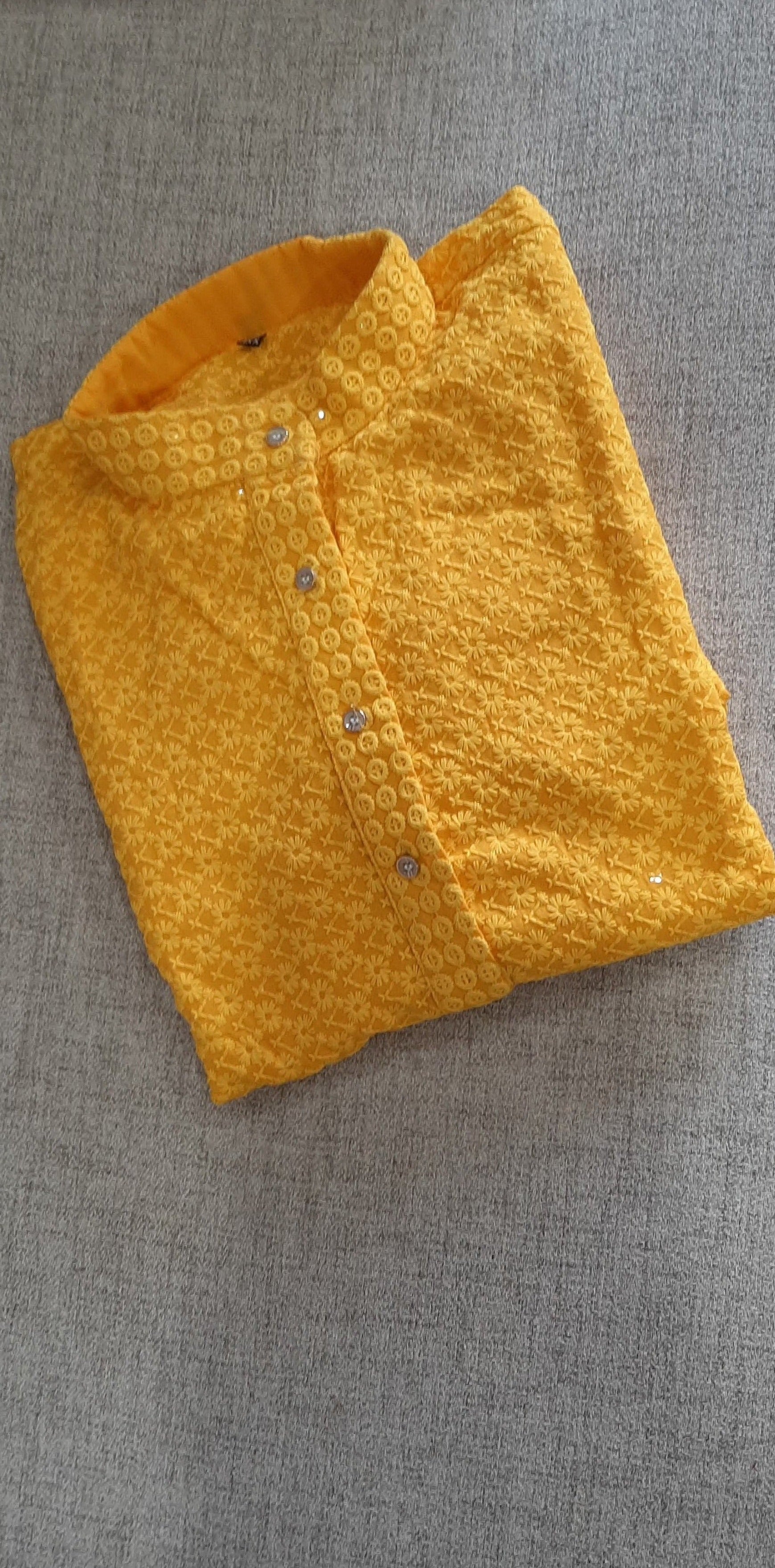 Yellow Rayon Chikan kurta set @ DressingStylesCA.com