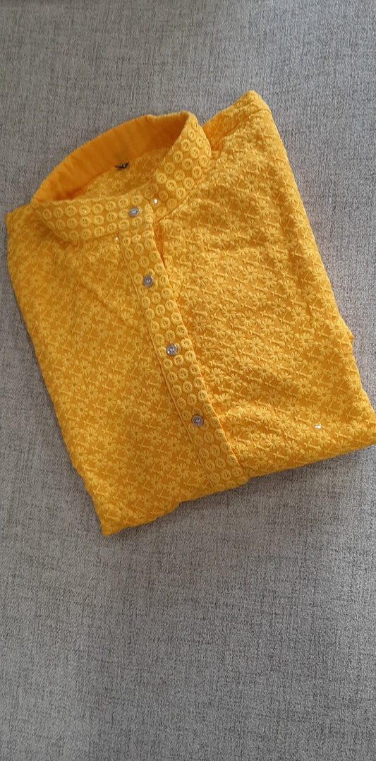 Yellow Rayon Chikan kurta set @ DressingStylesCA.com