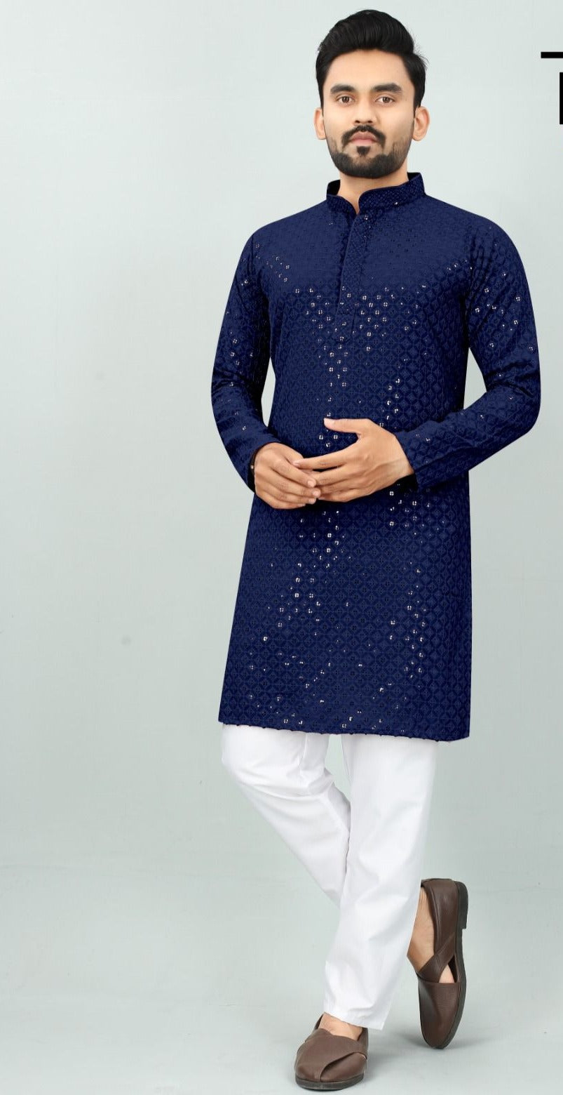 Dark Blue Rayon Chikan kurta set @ DressingStylesCA.com