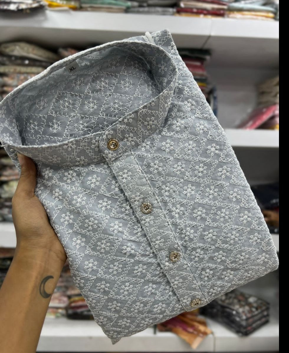 Gray cotton chikan kurti @ DressingStylesCA.com