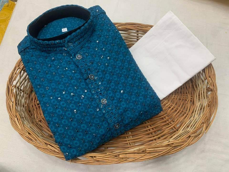 Peacock Blue Rayon Chikan kurta set @ DressingStylesCA.com