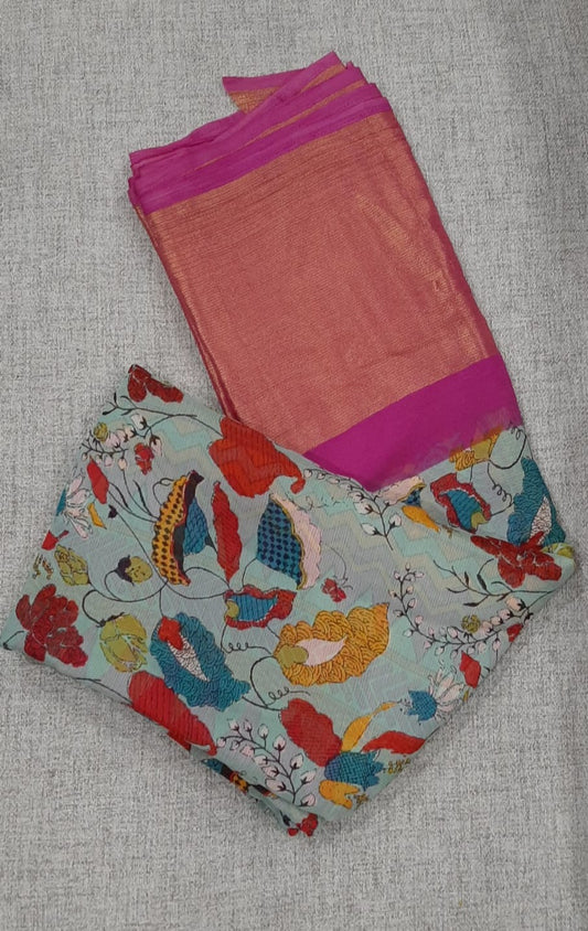 Printed Light Blue Sari with Pink Border @ DressingStylesCA.com