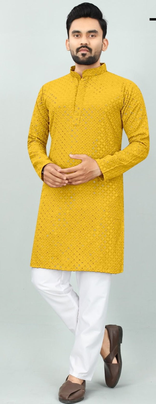 Yellow Rayon Chikan kurta set @ DressingStylesCA.com