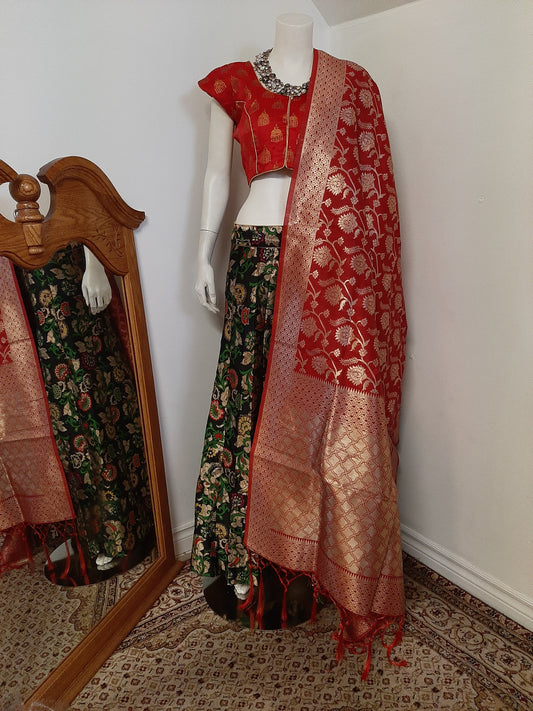 Black Brocade Lehenga and Red Dupatta @ DressingStylesCA.com