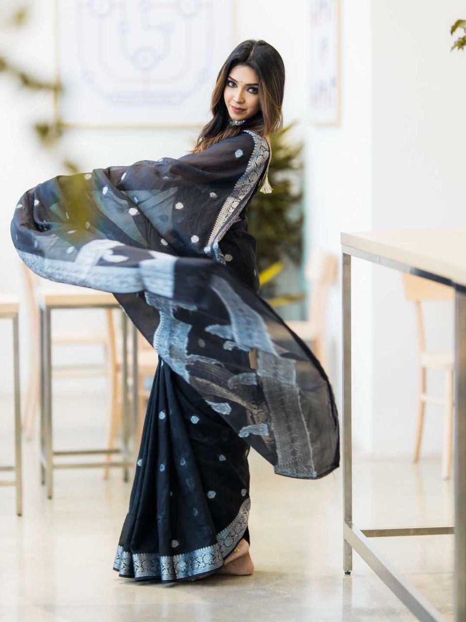 Black Cotton Silk saree @ DressingStylesCA.com