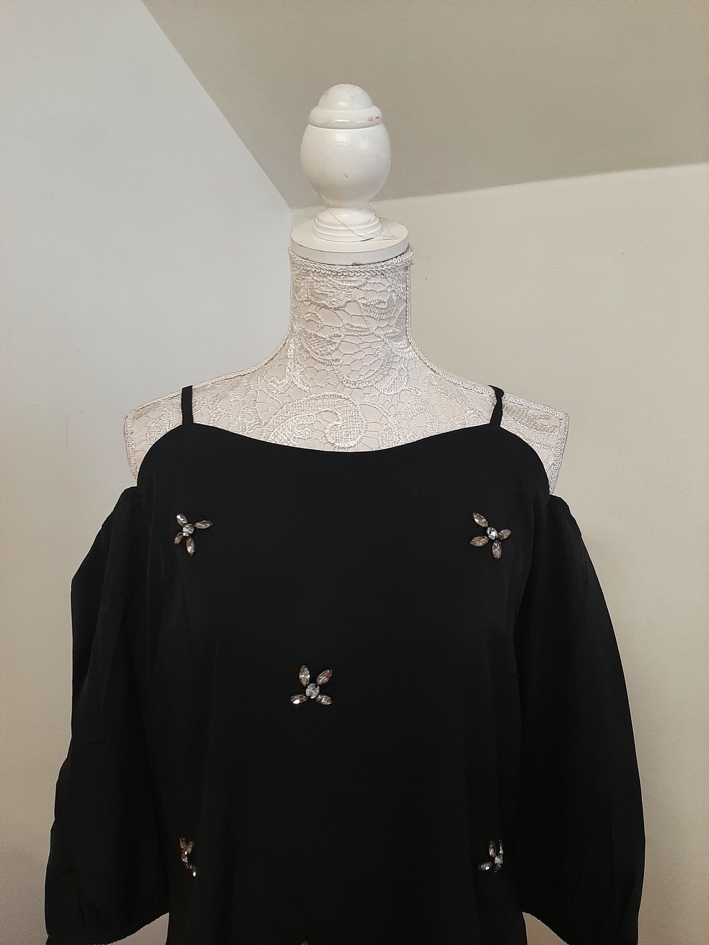 Black Embellished Open Shoulder Top @ DressingStylesCA.com