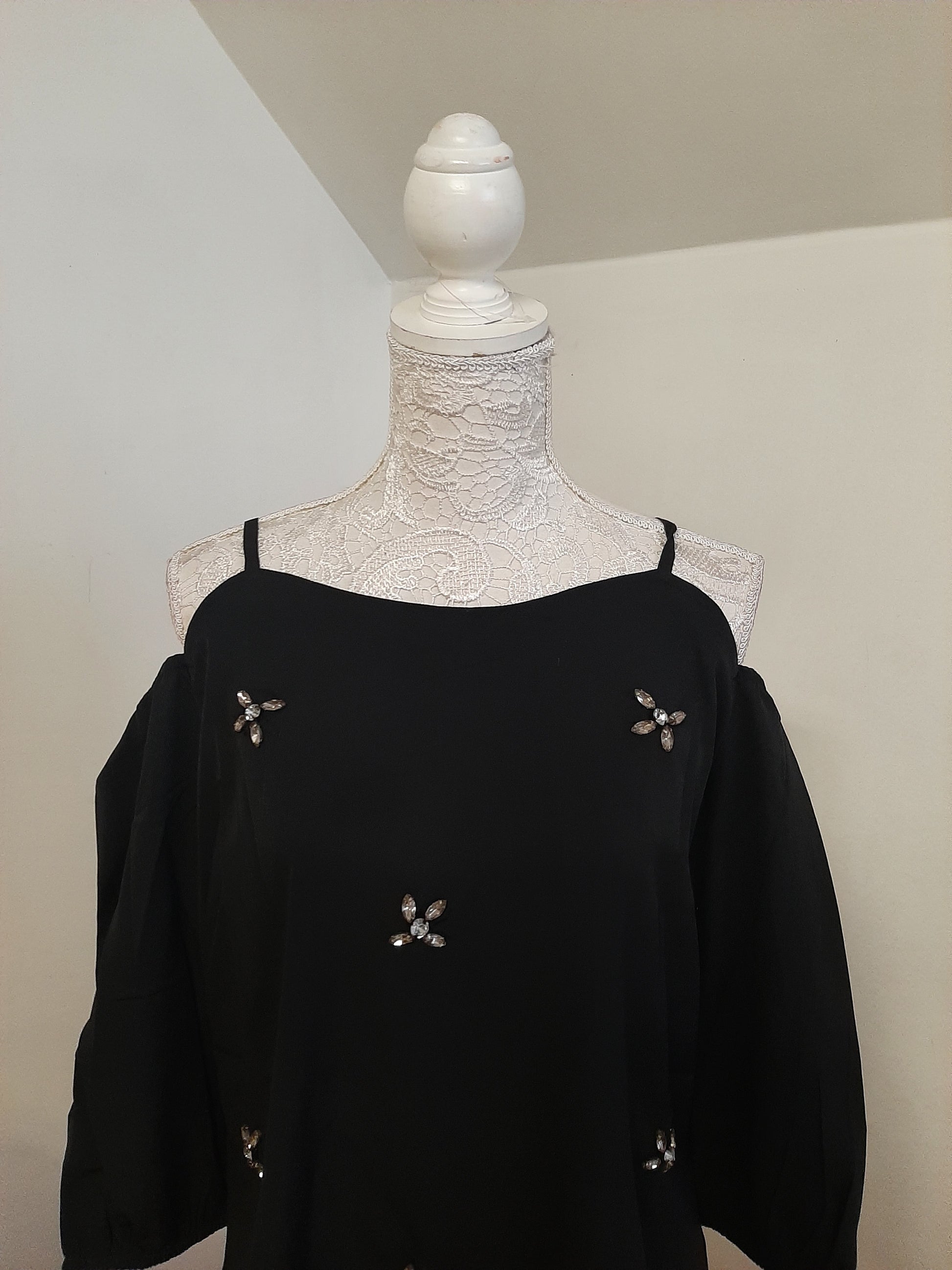 Black Embellished Open Shoulder Top @ DressingStylesCA.com