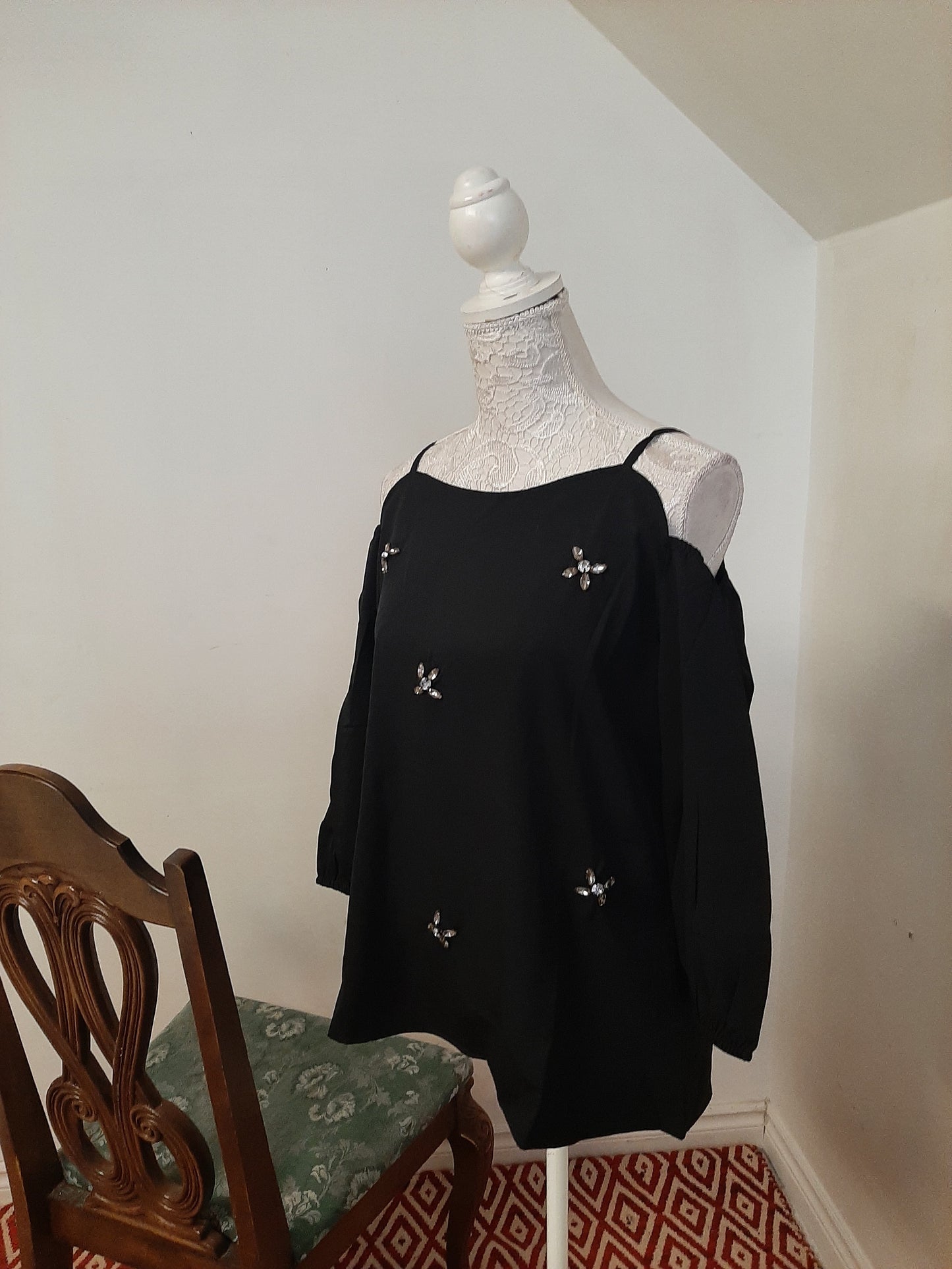 Black Embellished Open Shoulder Top @ DressingStylesCA.com