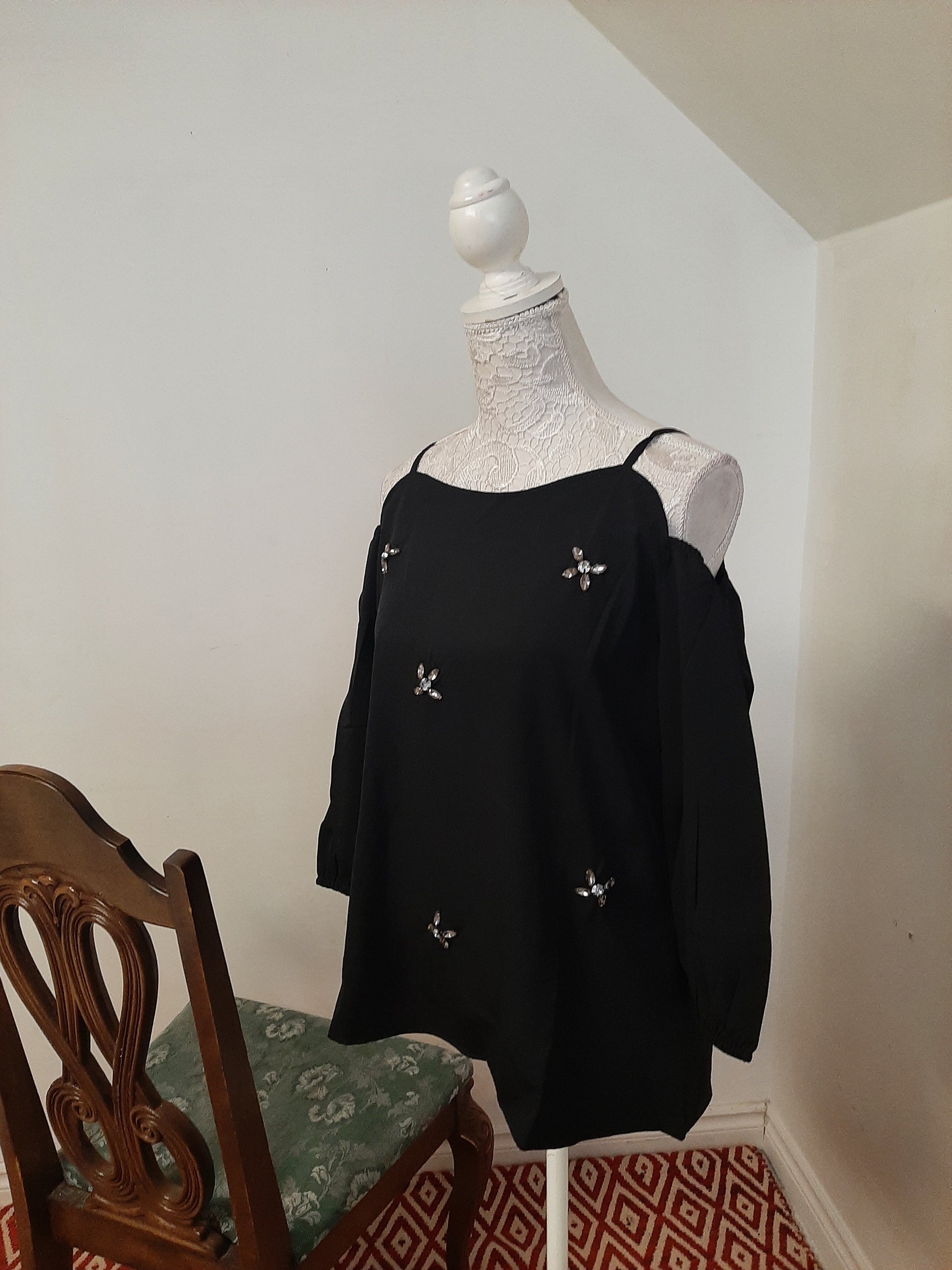 Black Embellished Open Shoulder Top @ DressingStylesCA.com