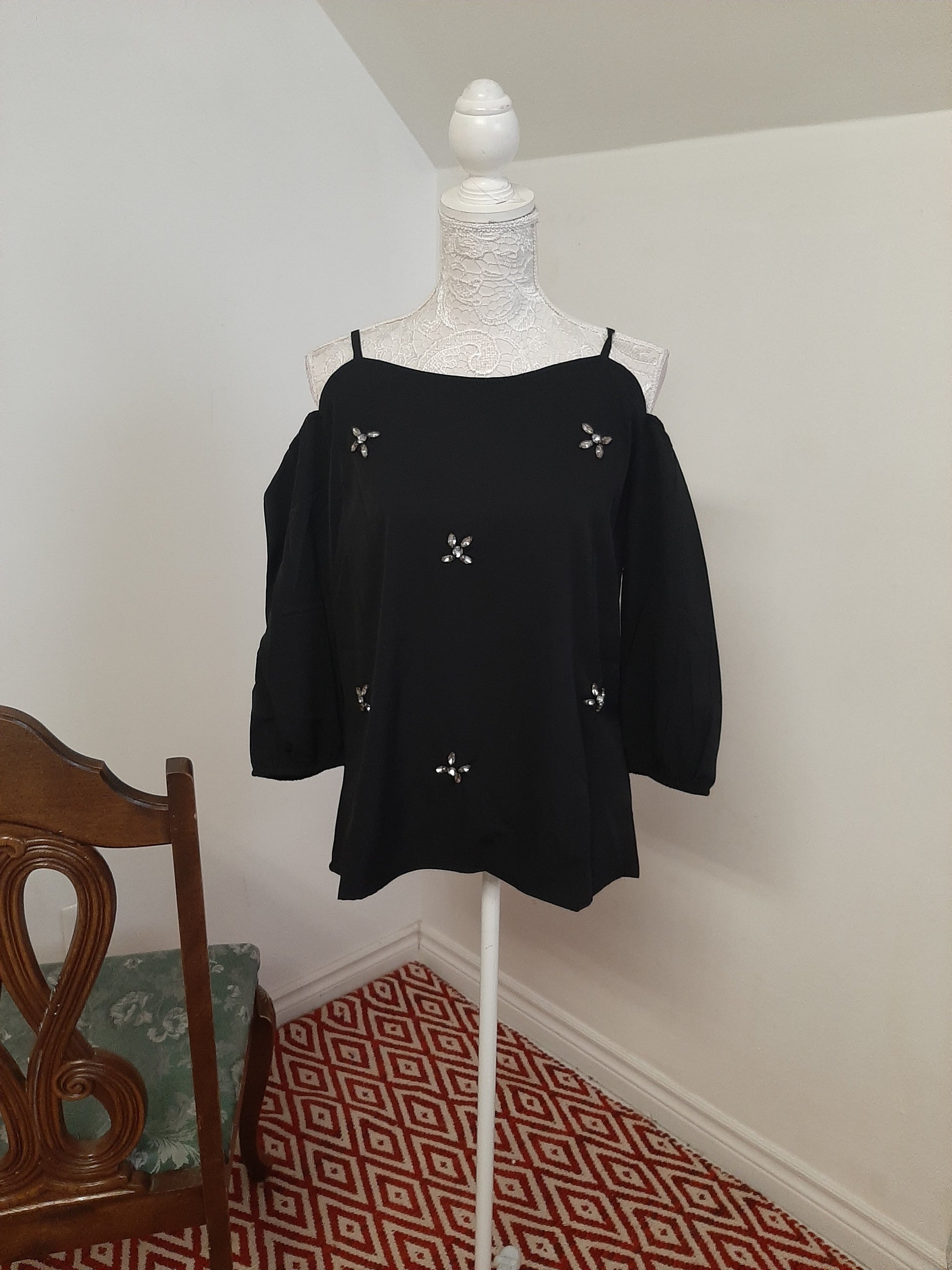 Black Embellished Open Shoulder Top @ DressingStylesCA.com