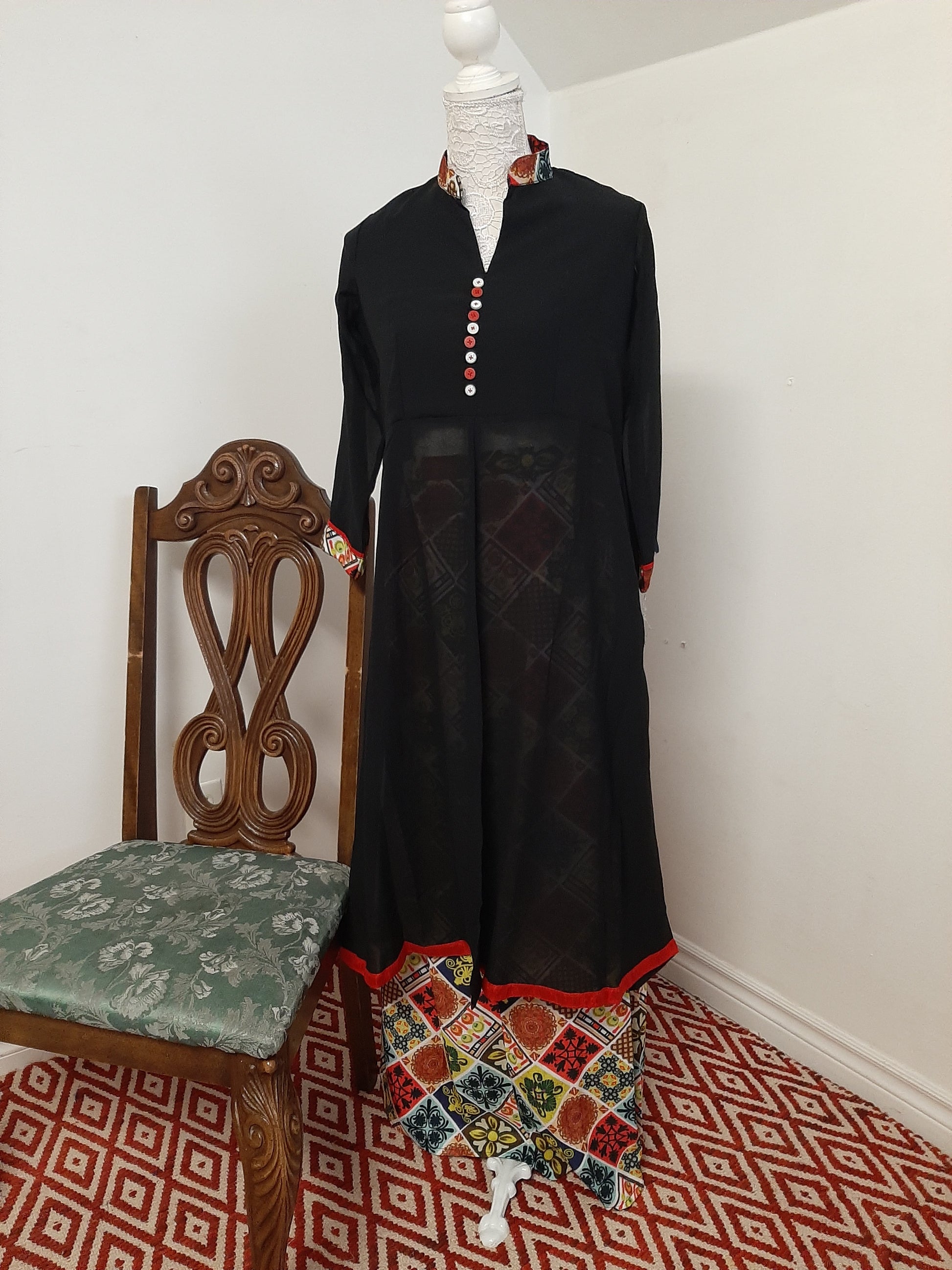 Black Georgette Kurti split with a Multicolored Skirt @ DressingStylesCA.com