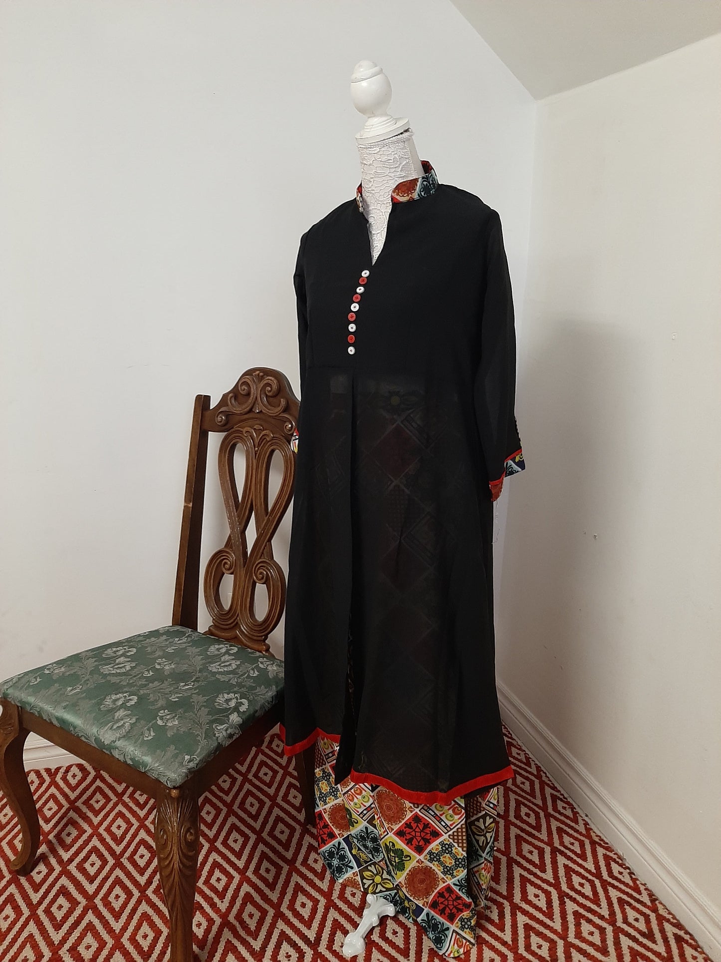 Black Georgette Kurti split with a Multicolored Skirt @ DressingStylesCA.com