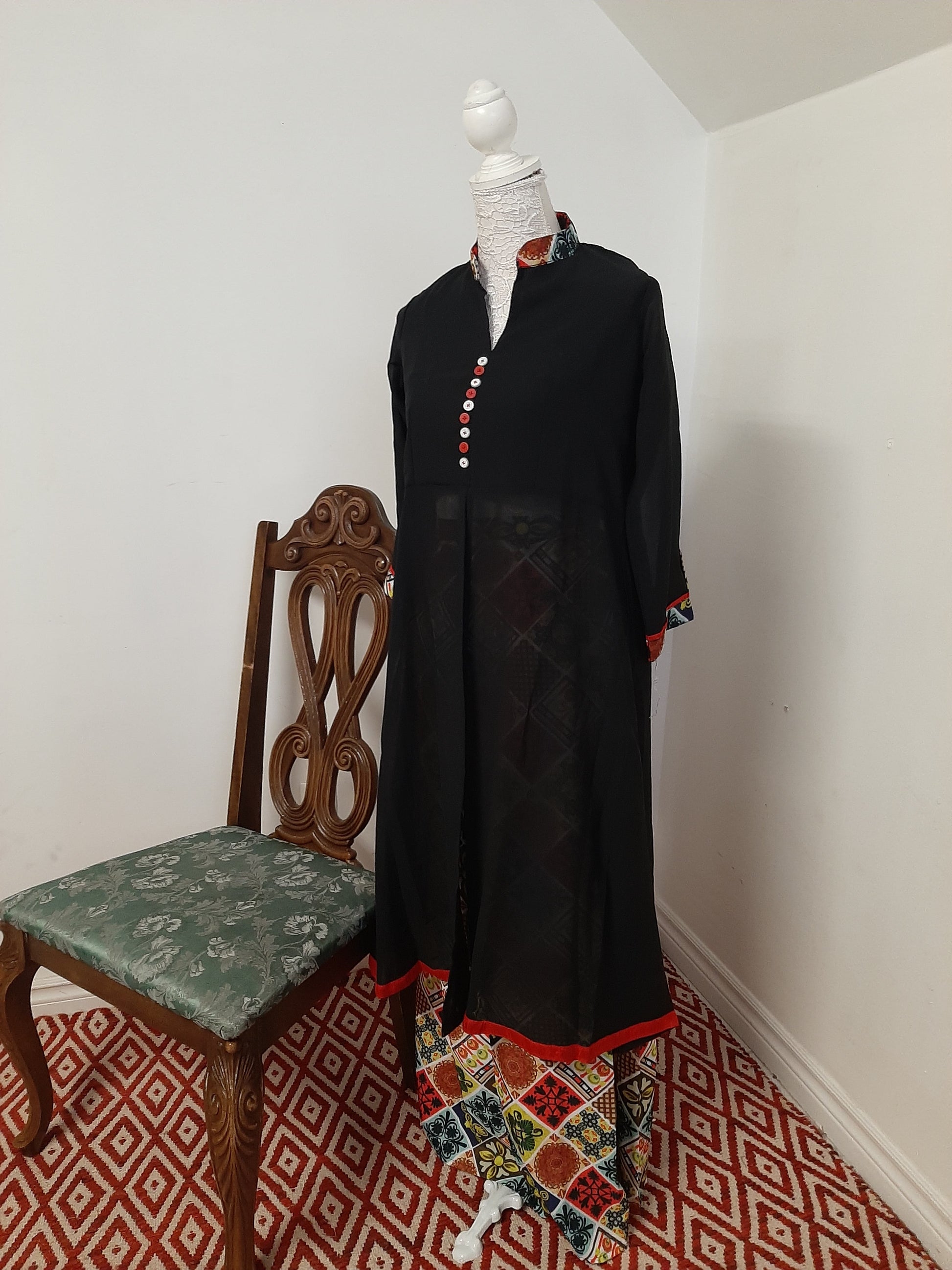 Black Georgette Kurti split with a Multicolored Skirt @ DressingStylesCA.com