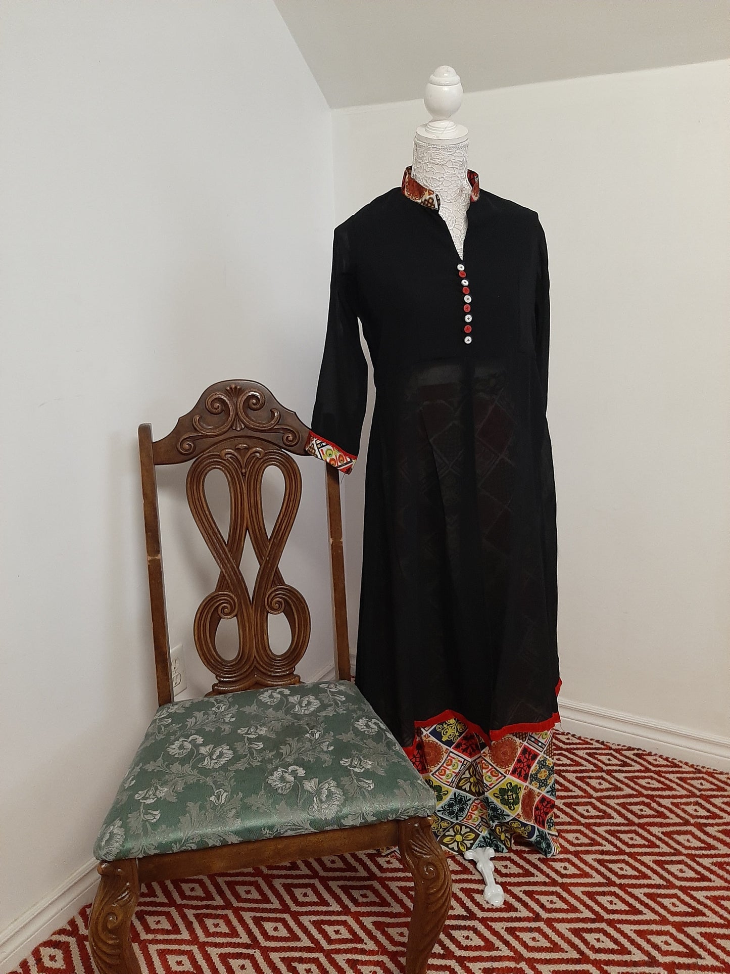 Black Georgette Kurti split with a Multicolored Skirt @ DressingStylesCA.com