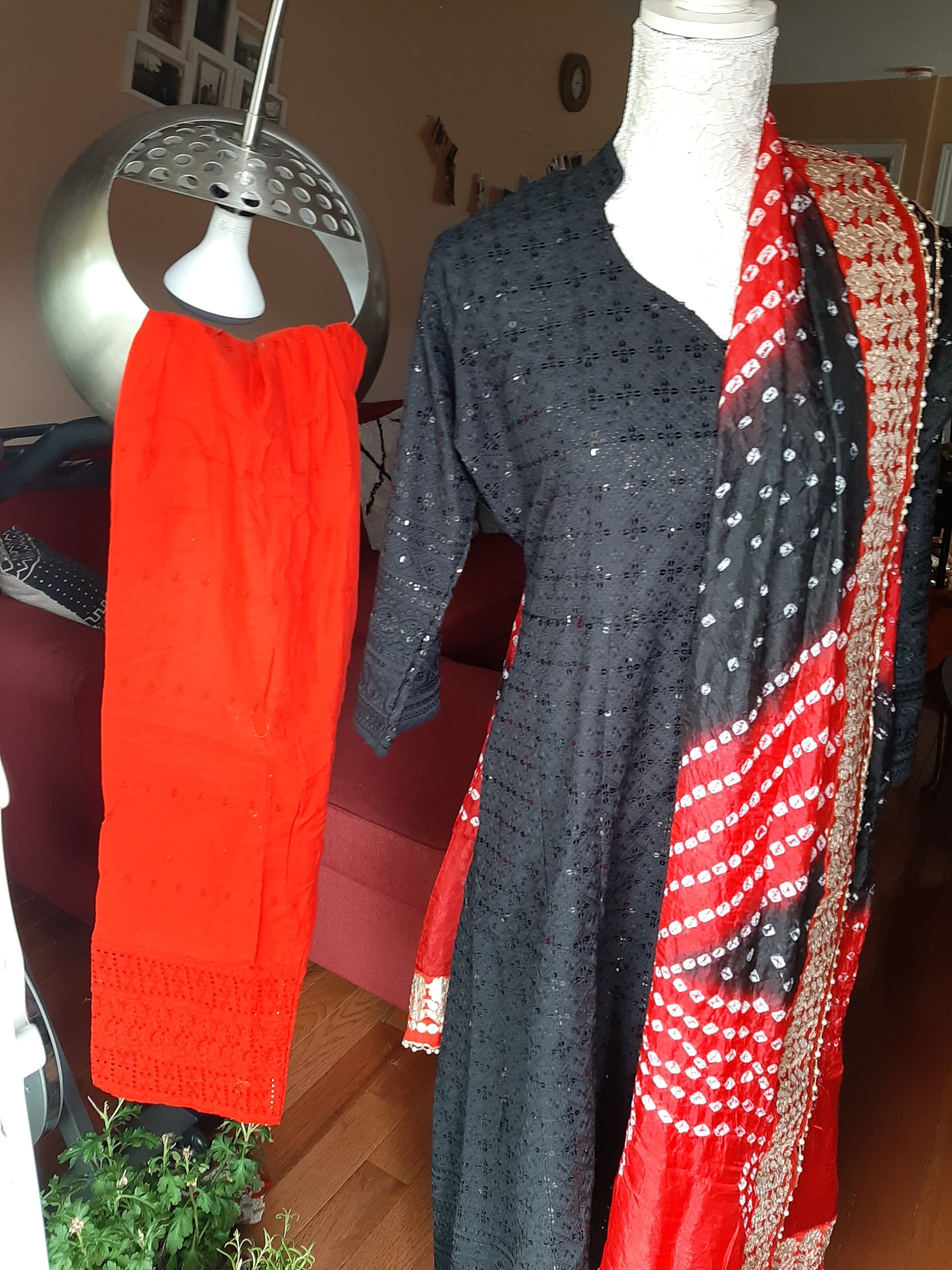 Black Kurti Chikankari & Red Palazzo and Dupatta @ DressingStylesCA.com