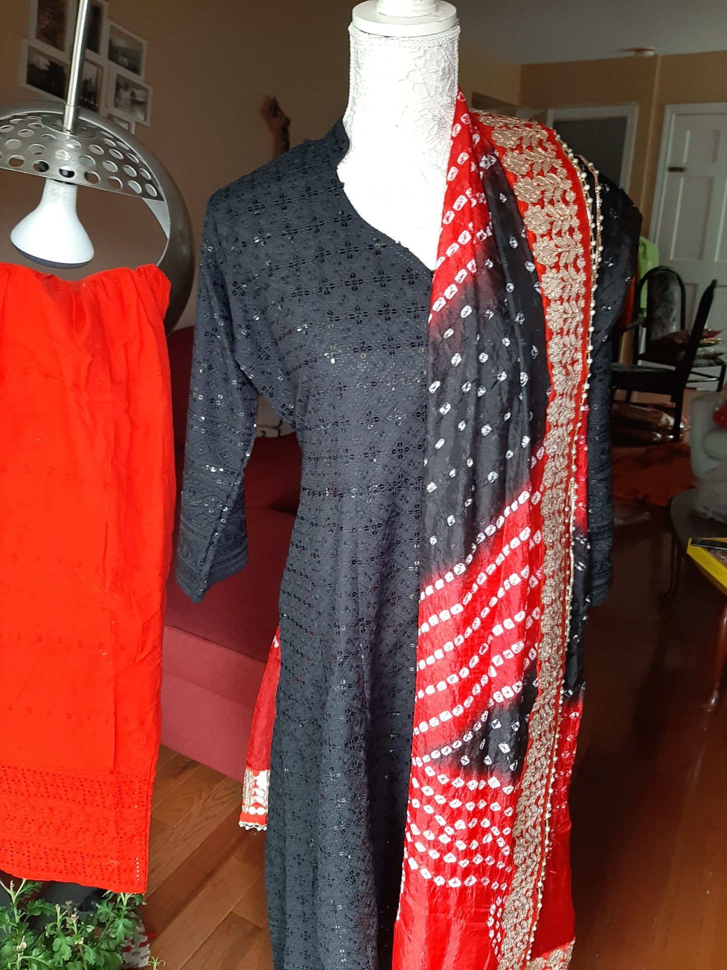 Black Kurti Chikankari & Red Palazzo and Dupatta @ DressingStylesCA.com