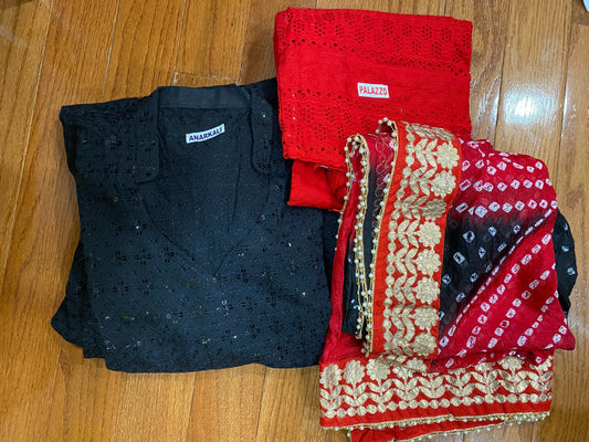 Black Kurti Chikankari & Red Palazzo and Dupatta @ DressingStylesCA.com
