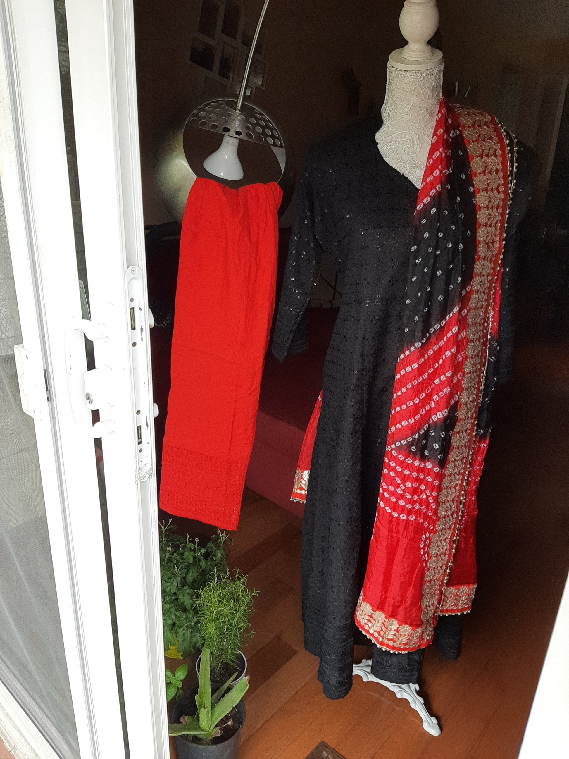 Black Kurti Chikankari & Red Palazzo and Dupatta @ DressingStylesCA.com