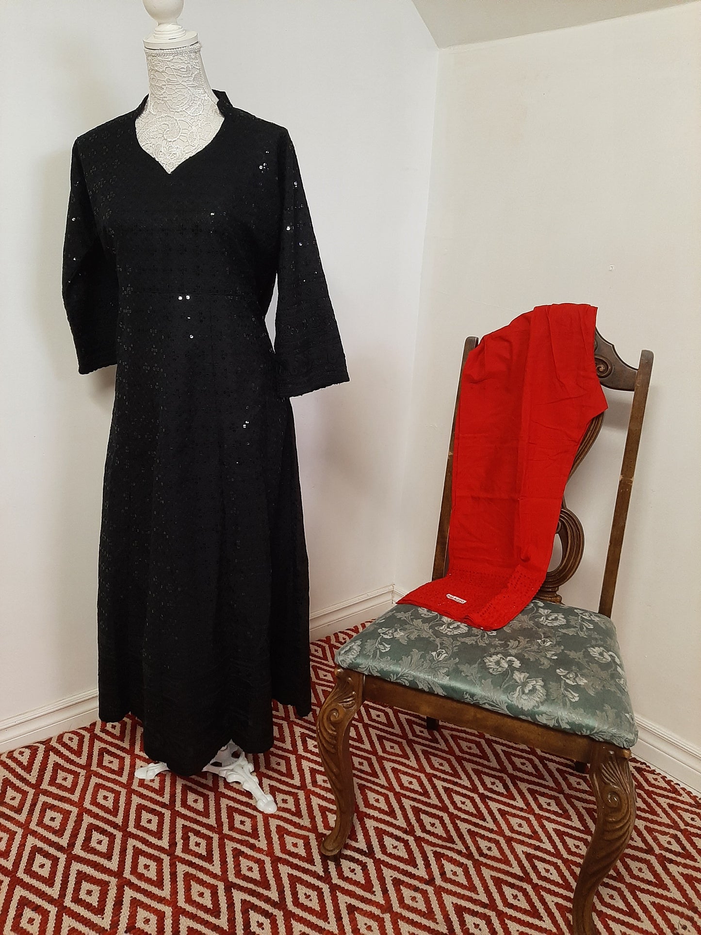 Black Kurti Chikankari & Red Palazzo and Dupatta @ DressingStylesCA.com