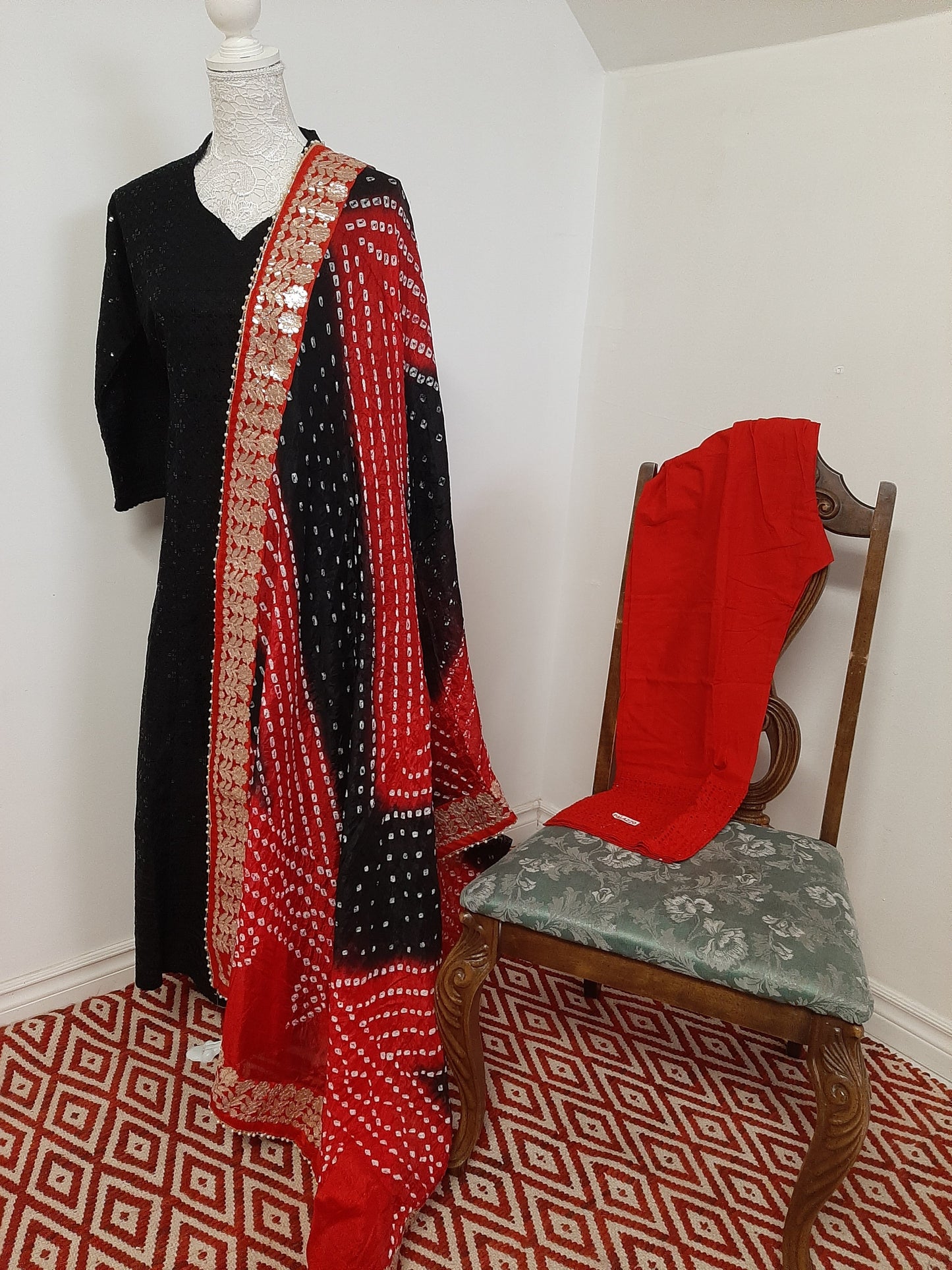 Black Kurti Chikankari & Red Palazzo and Dupatta @ DressingStylesCA.com
