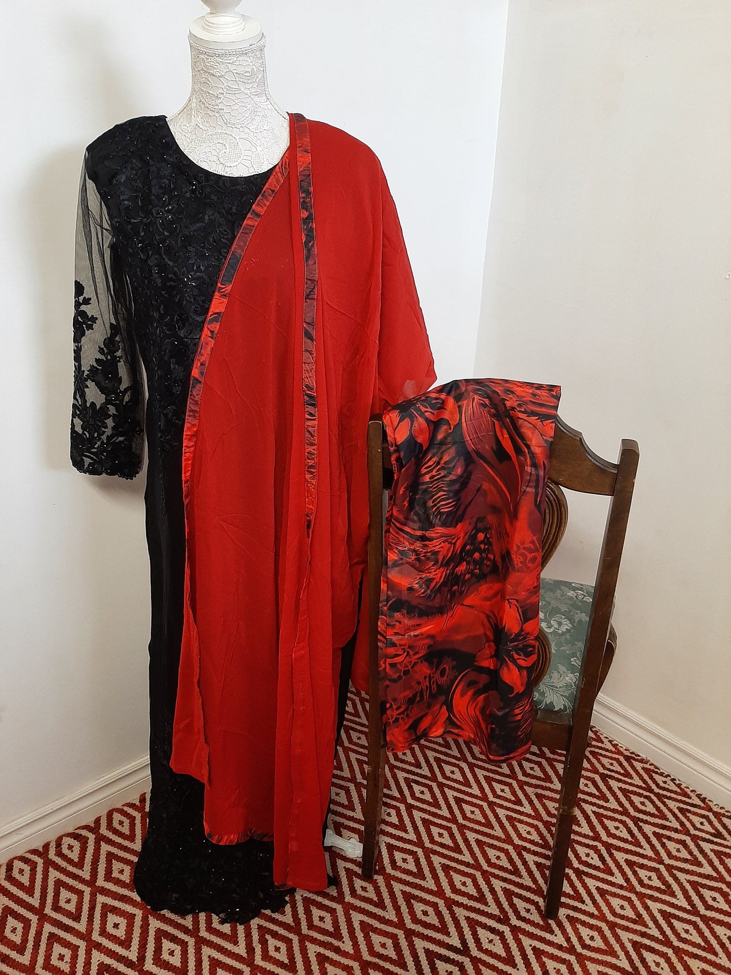 Black Kurti- Red Printed Palazzo & Red Dupatta @ DressingStylesCA.com