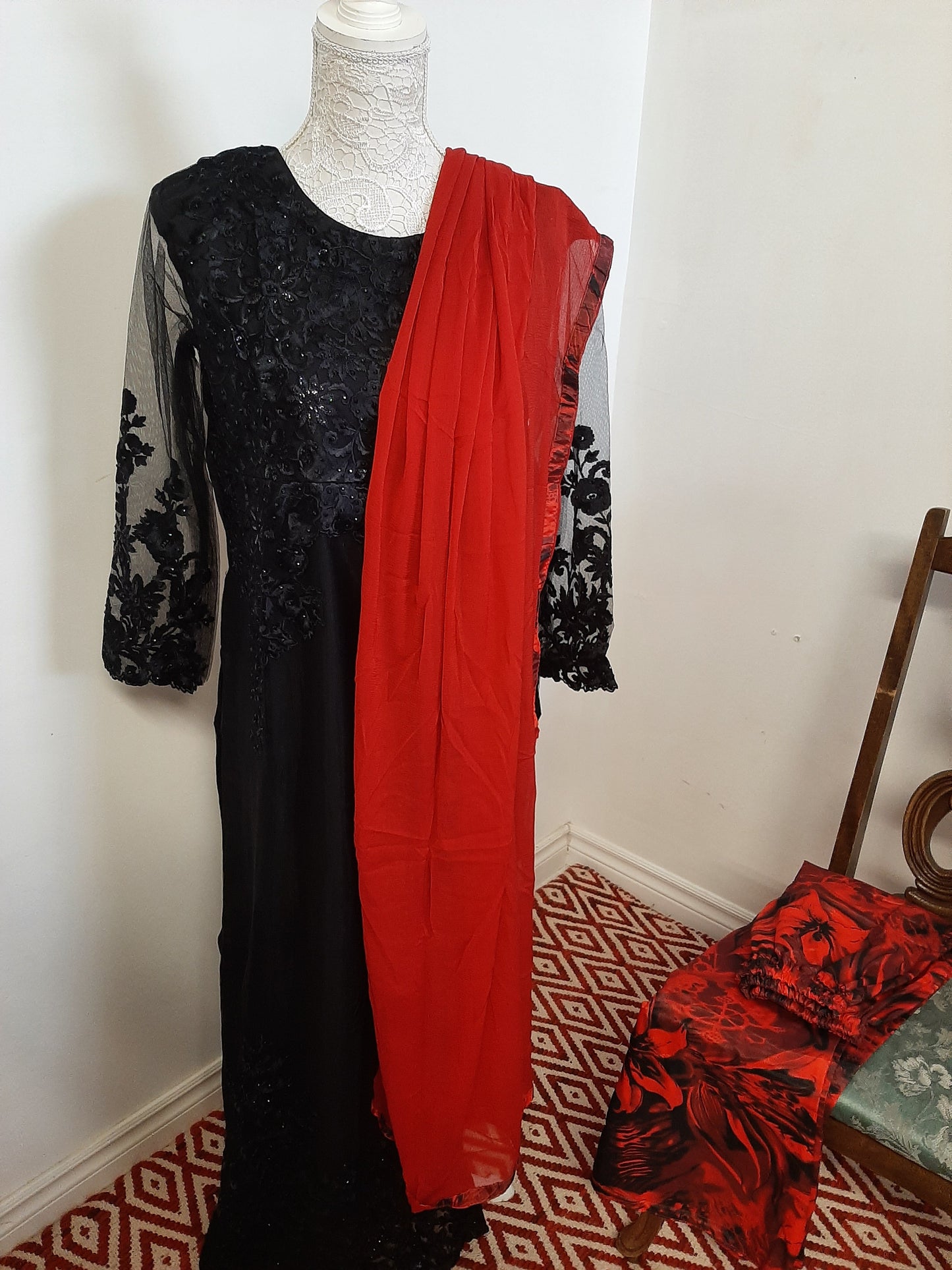 Black Kurti- Red Printed Palazzo & Red Dupatta @ DressingStylesCA.com