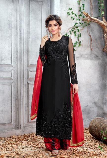 Black Kurti- Red Printed Palazzo & Red Dupatta @ DressingStylesCA.com
