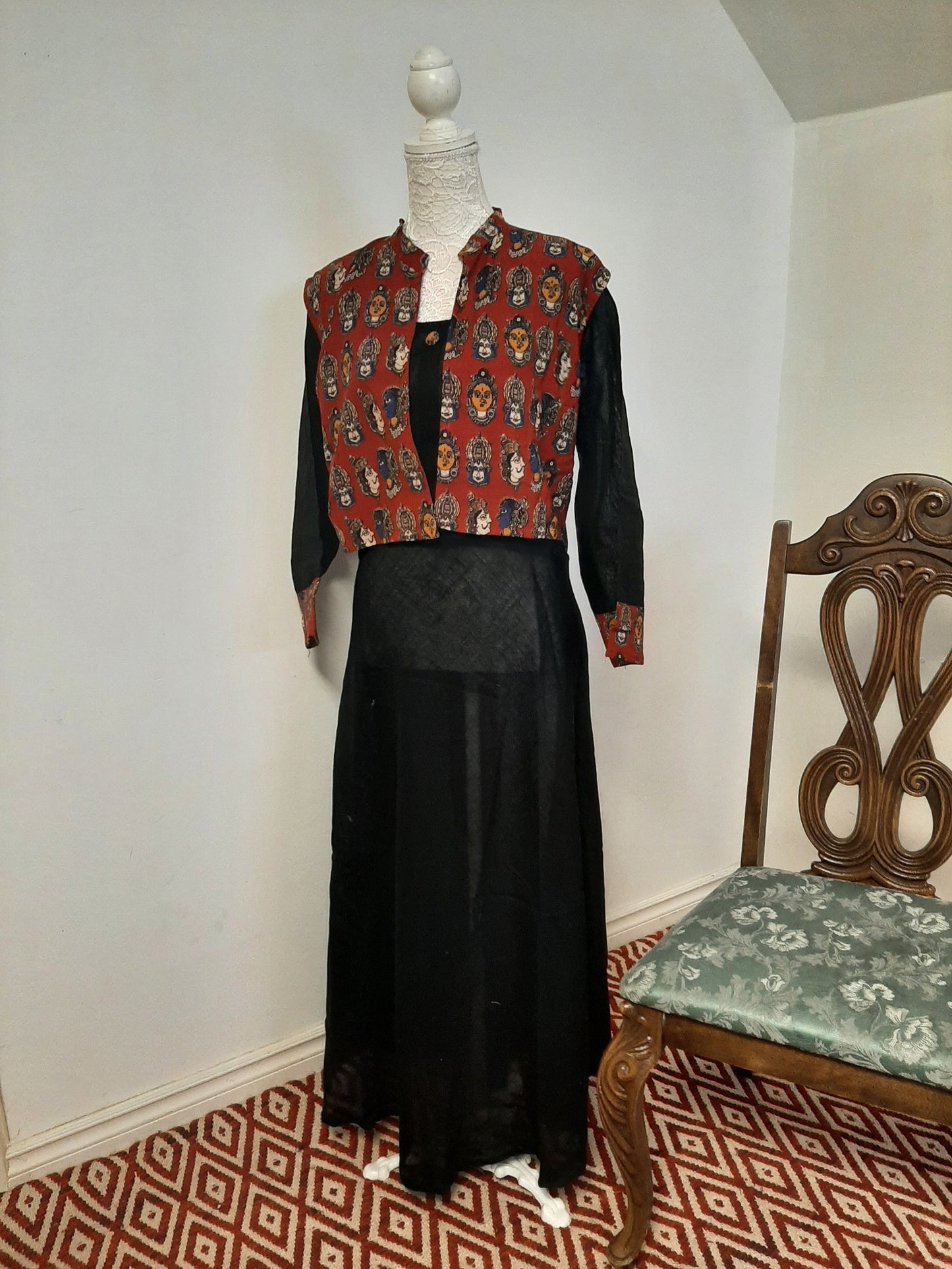 Black Long Kurti with Kalamkari Print Jacket @ DressingStylesCA.com
