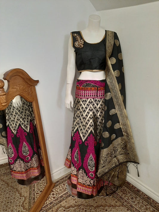 Black with Multicolors Lehenga and Black Dupatta @ DressingStylesCA.com