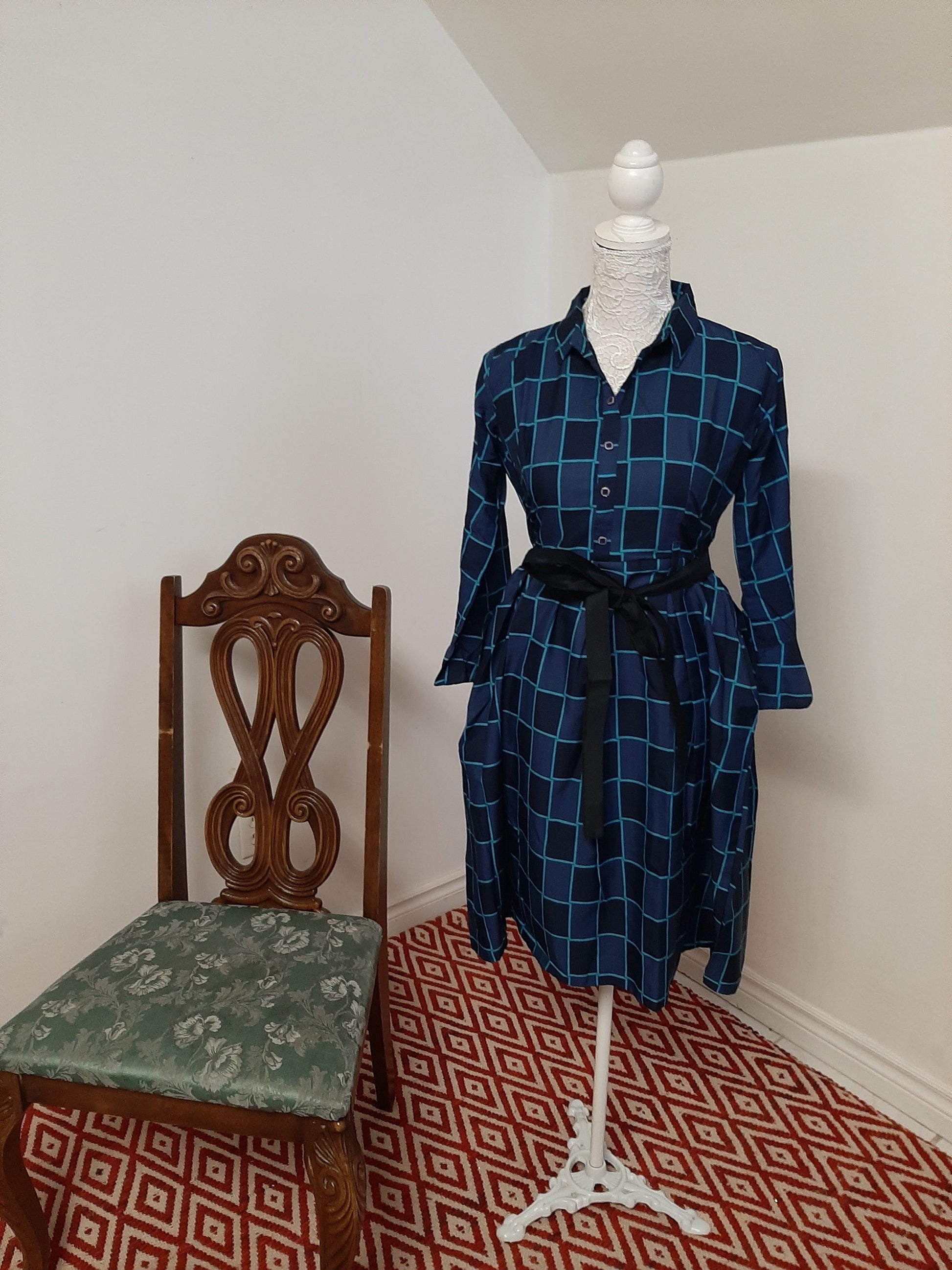 Blue Checkered Skirt with Black Belt @ DressingStylesCA.com