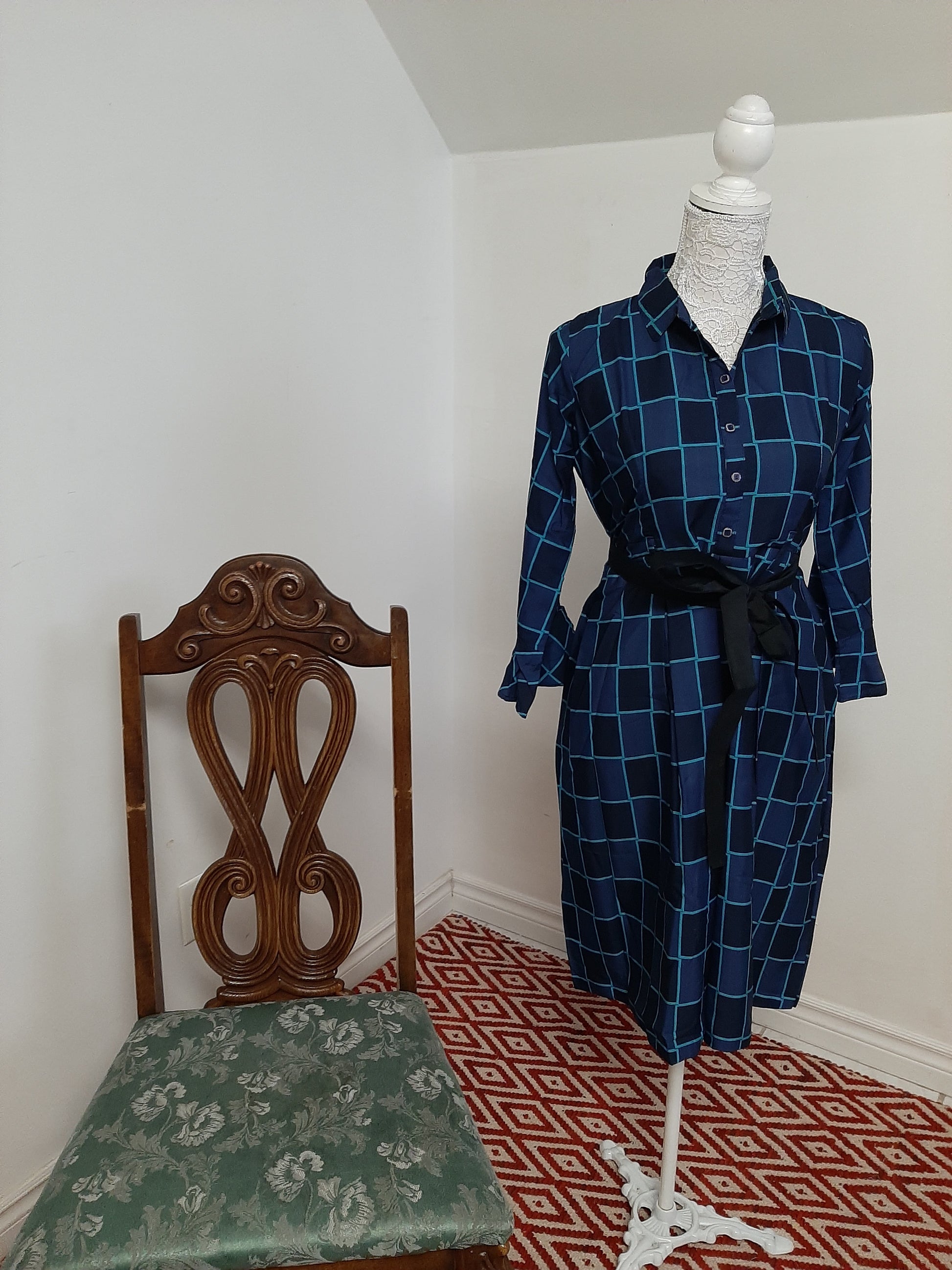 Blue Checkered Skirt with Black Belt @ DressingStylesCA.com