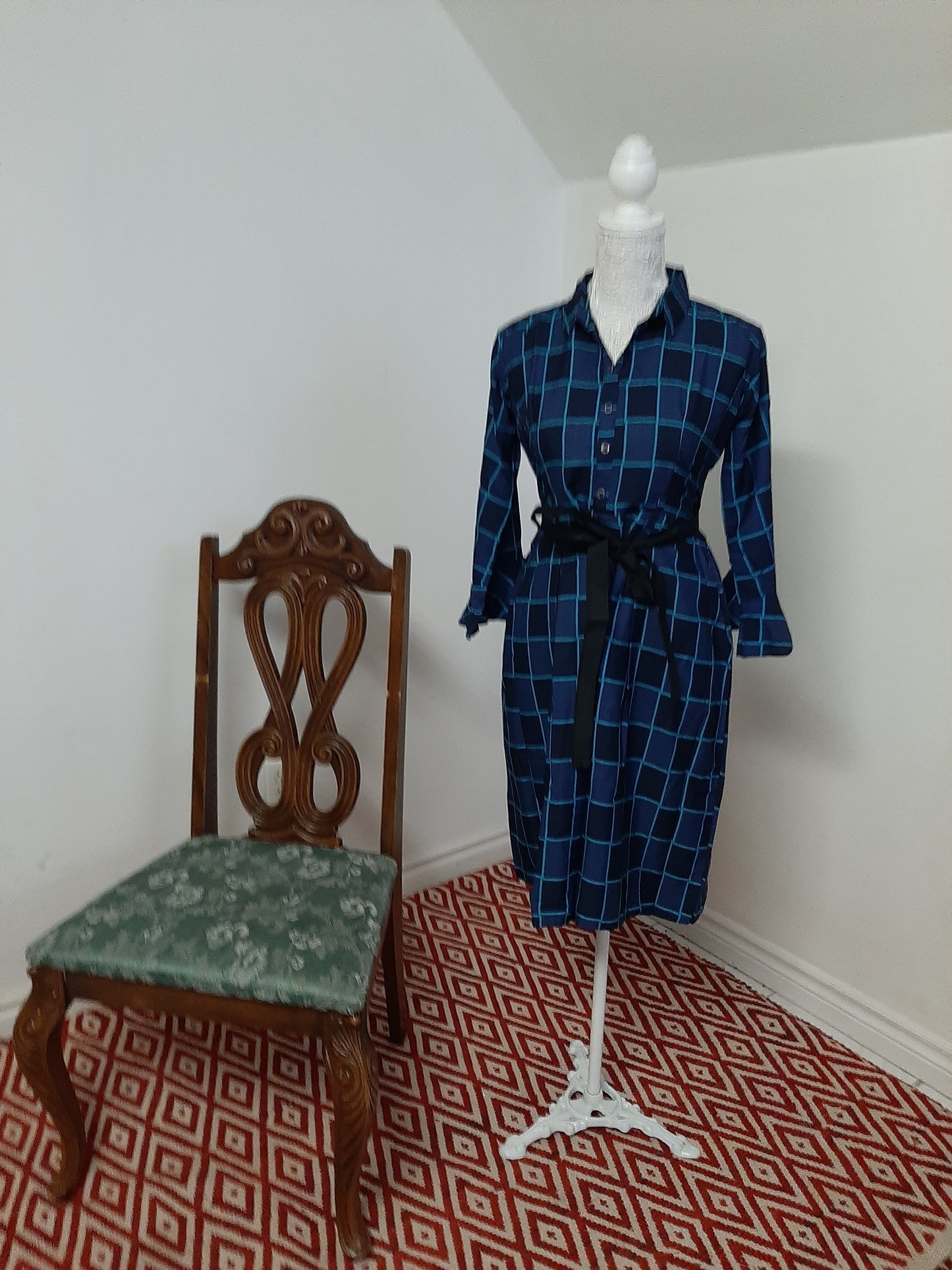 Blue Checkered Skirt with Black Belt @ DressingStylesCA.com