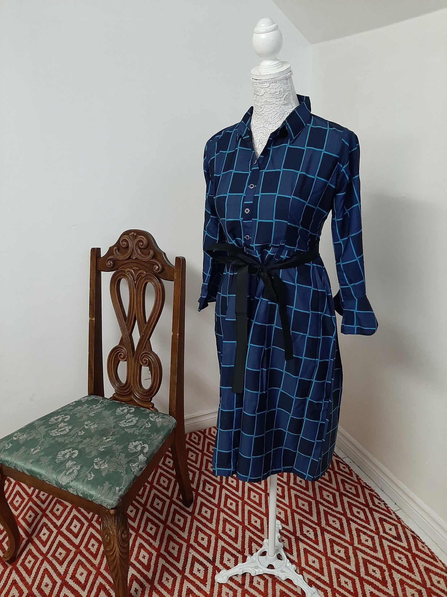 Blue Checkered Skirt with Black Belt @ DressingStylesCA.com
