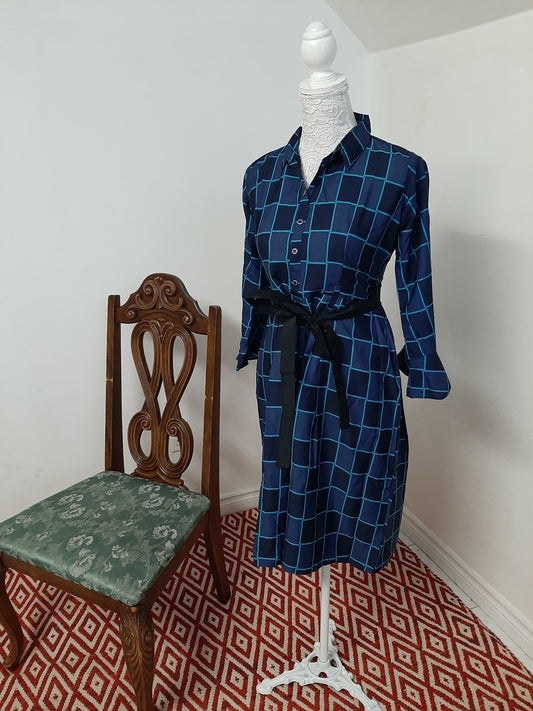 Blue Checkered Skirt with Black Belt @ DressingStylesCA.com