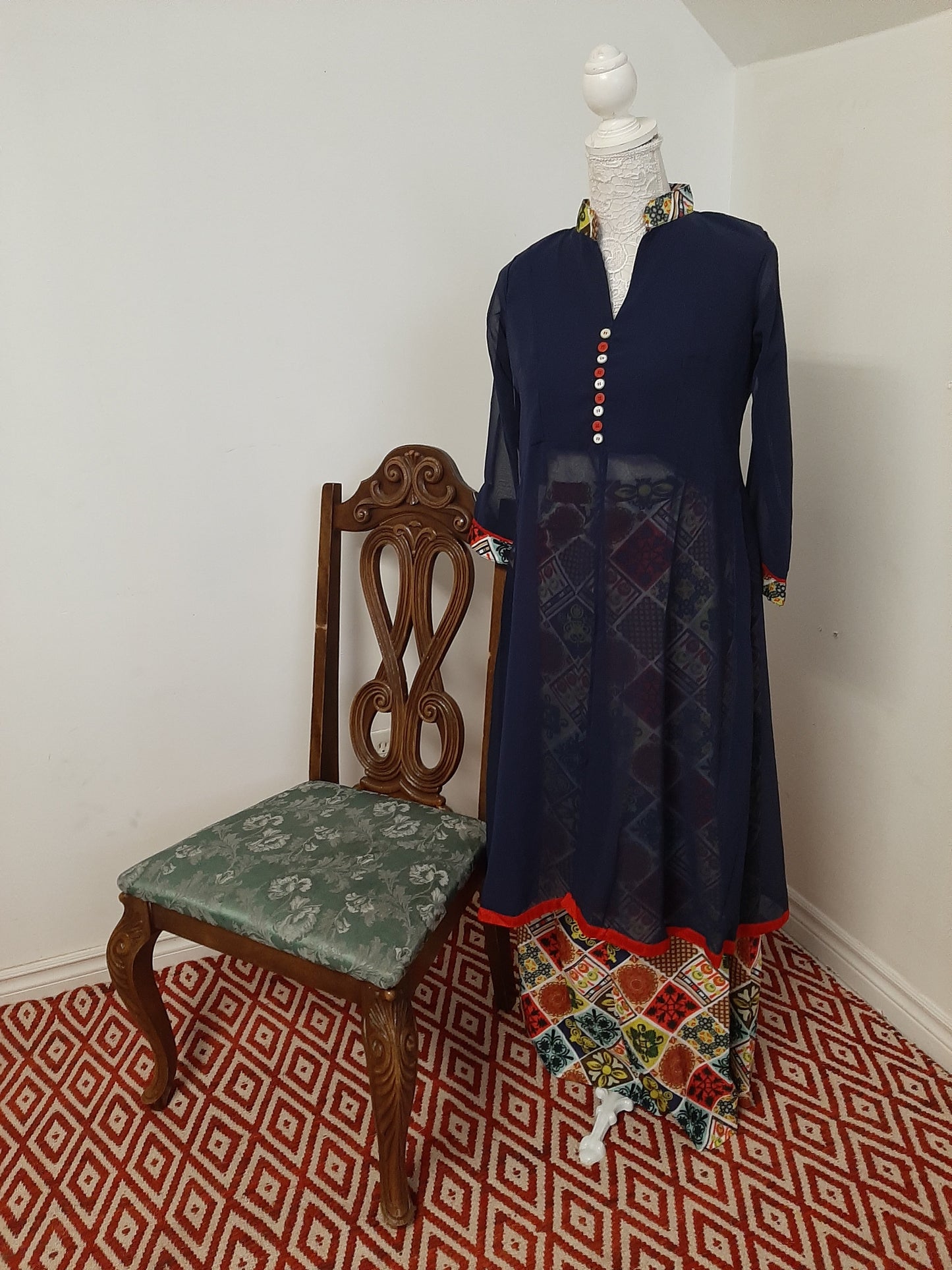 Blue Georgette Kurti split with a Multicolored Skirt @ DressingStylesCA.com