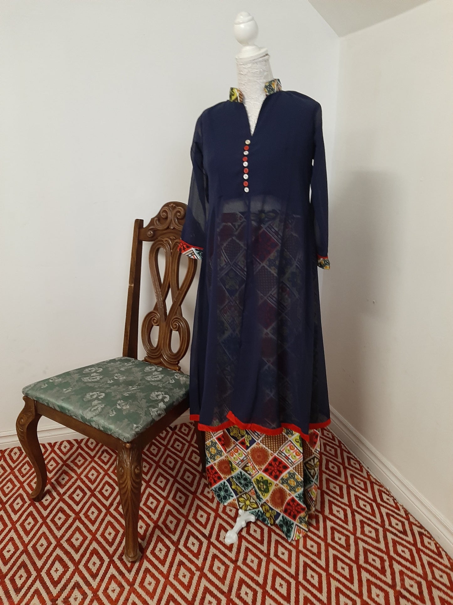 Blue Georgette Kurti split with a Multicolored Skirt @ DressingStylesCA.com