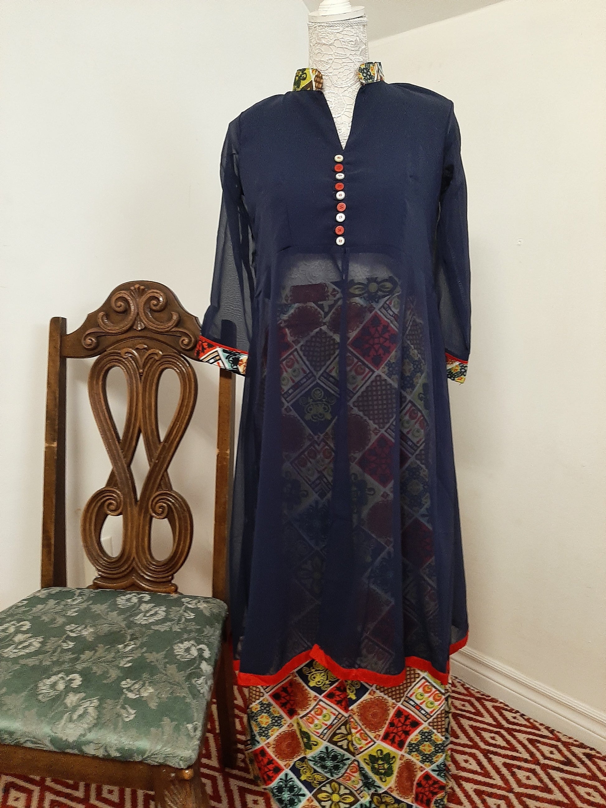 Blue Georgette Kurti split with a Multicolored Skirt @ DressingStylesCA.com