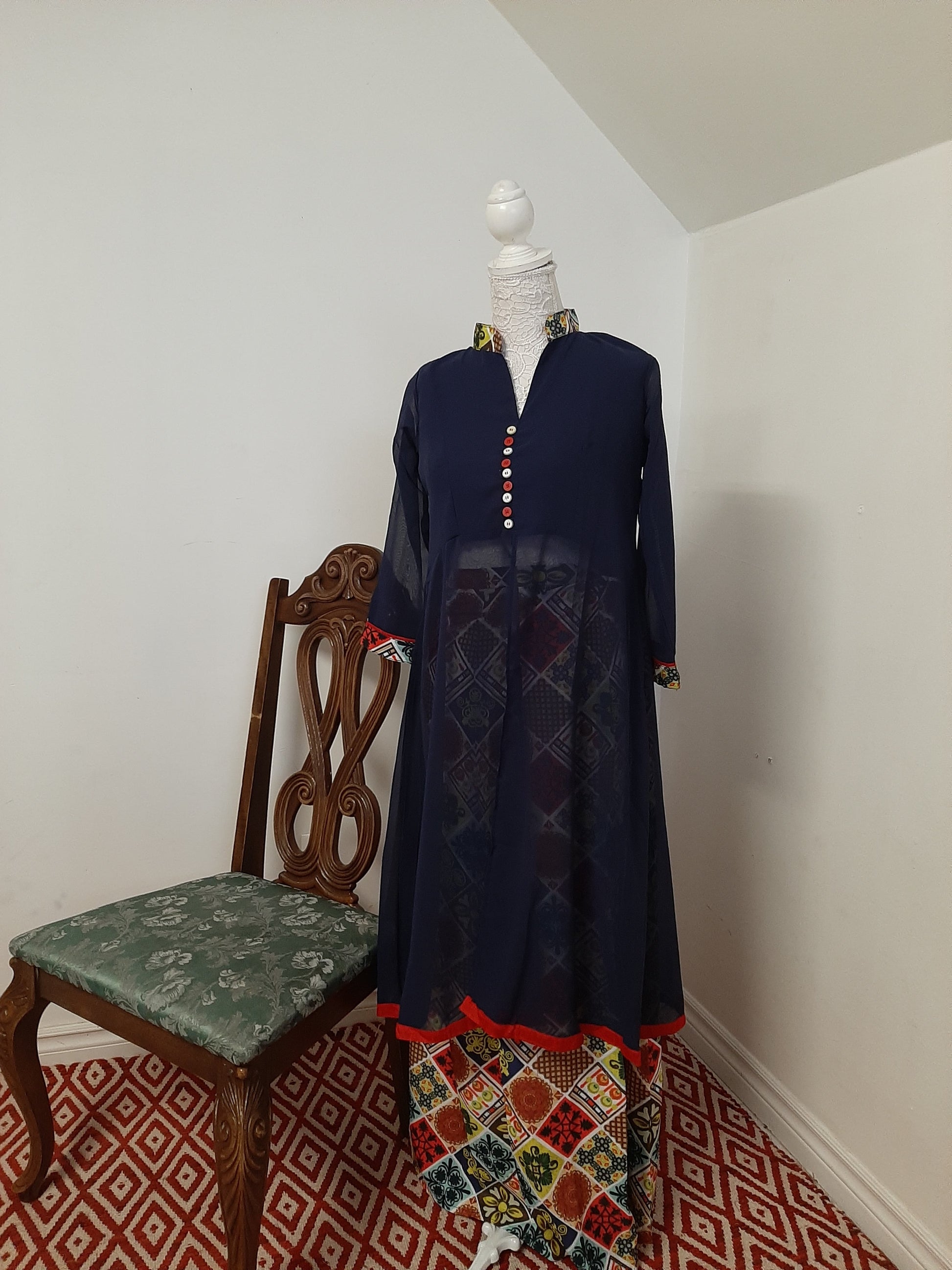 Blue Georgette Kurti split with a Multicolored Skirt @ DressingStylesCA.com