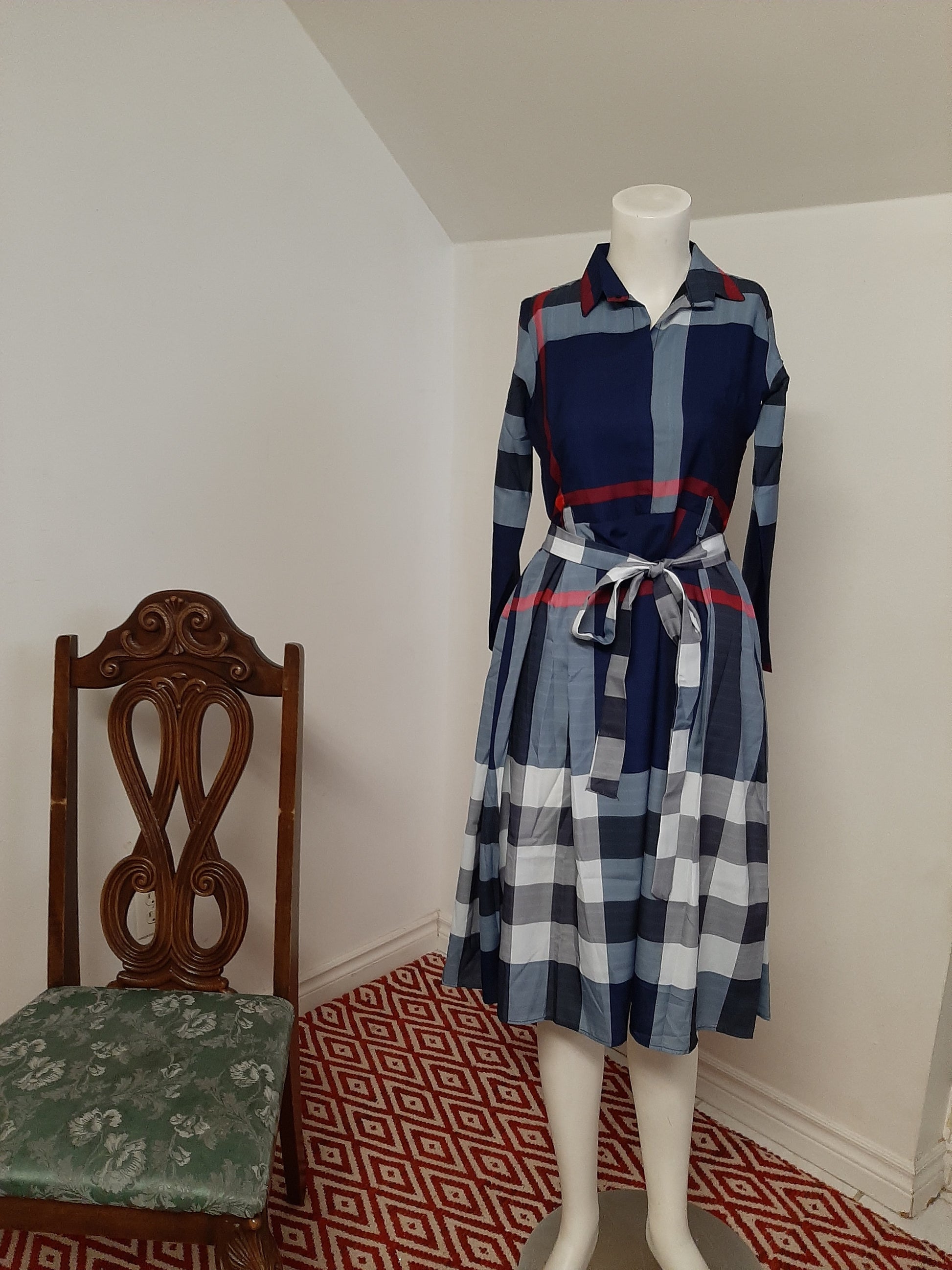 Blue Gown with white bold stripes @ DressingStylesCA.com