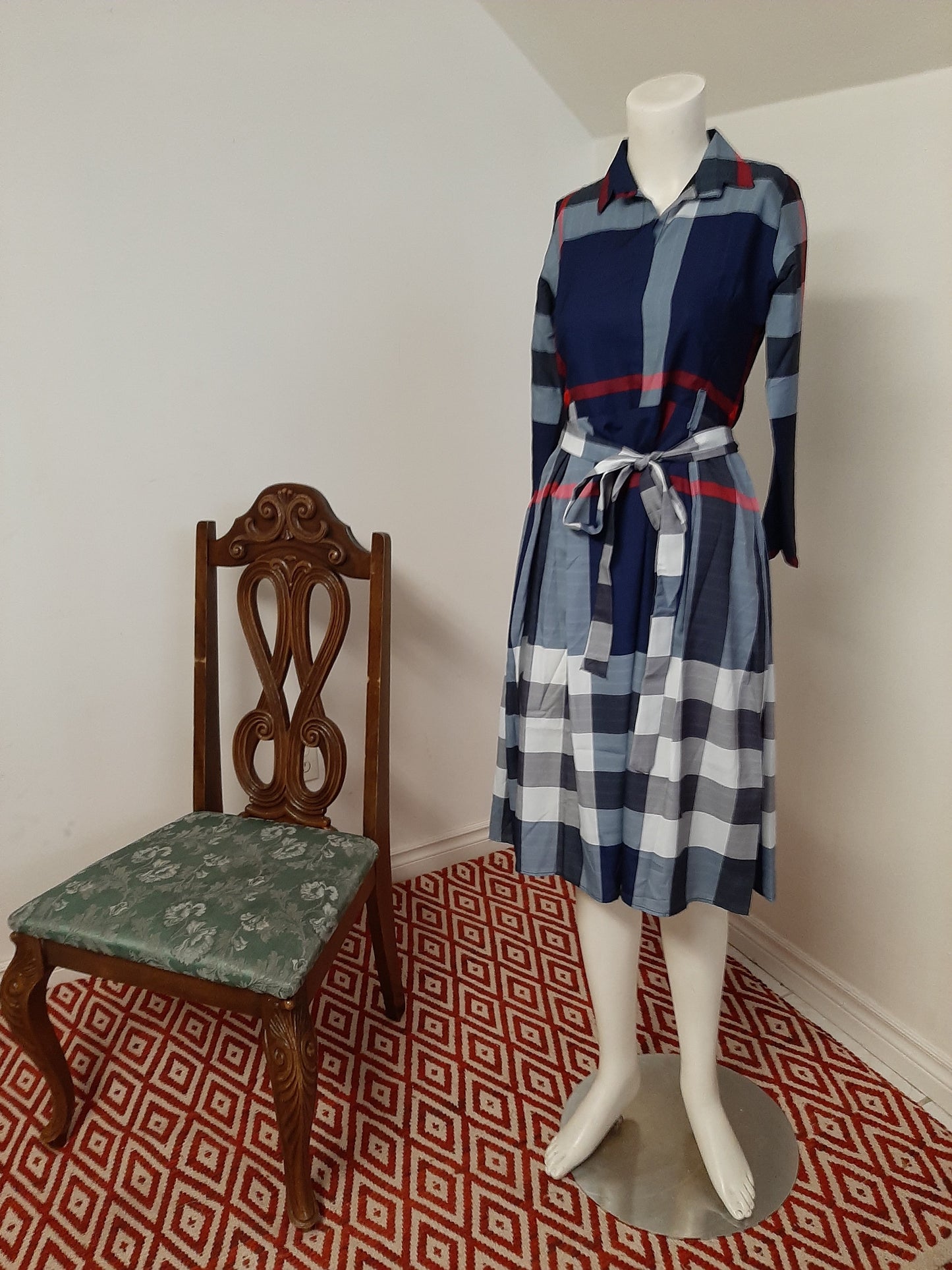 Blue Gown with white bold stripes @ DressingStylesCA.com