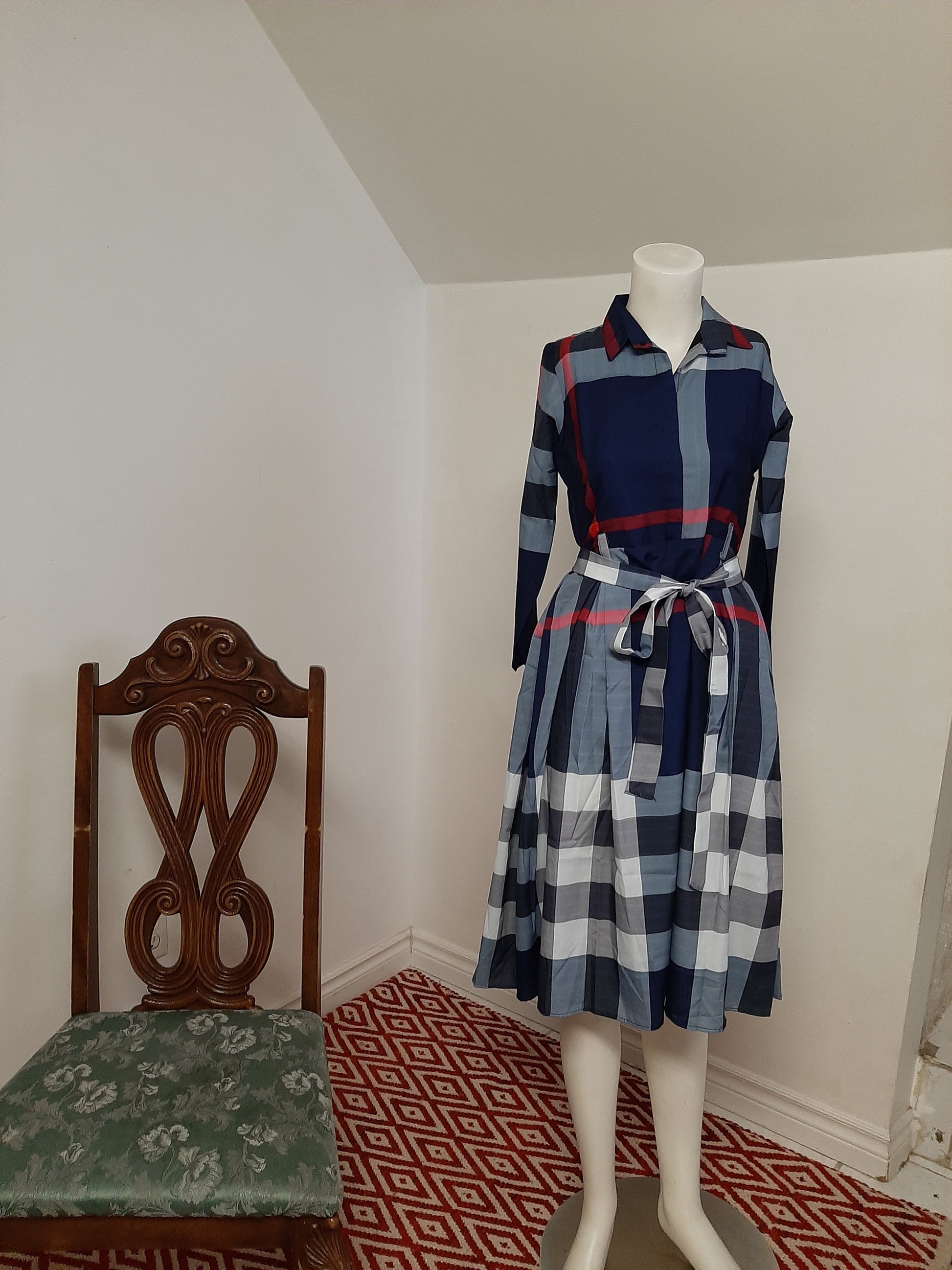 Blue Gown with white bold stripes @ DressingStylesCA.com