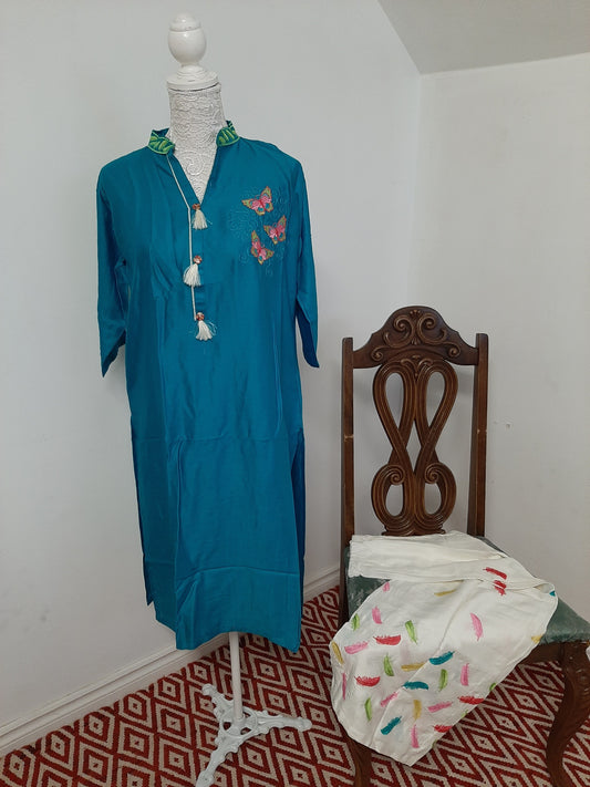 Blue Kurti with a Cream Palazzo @ DressingStylesCA.com