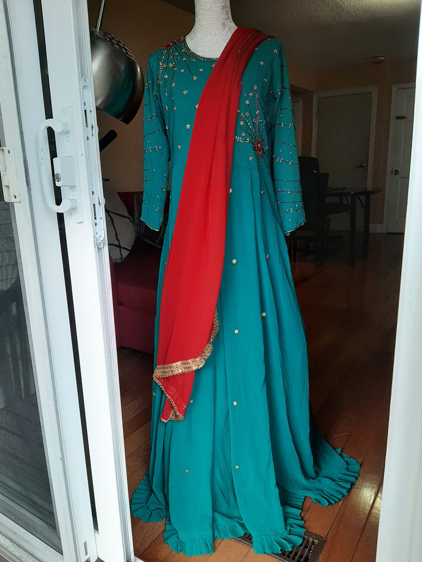 Blue Long Gown With Red Dupatta @ DressingStylesCA.com