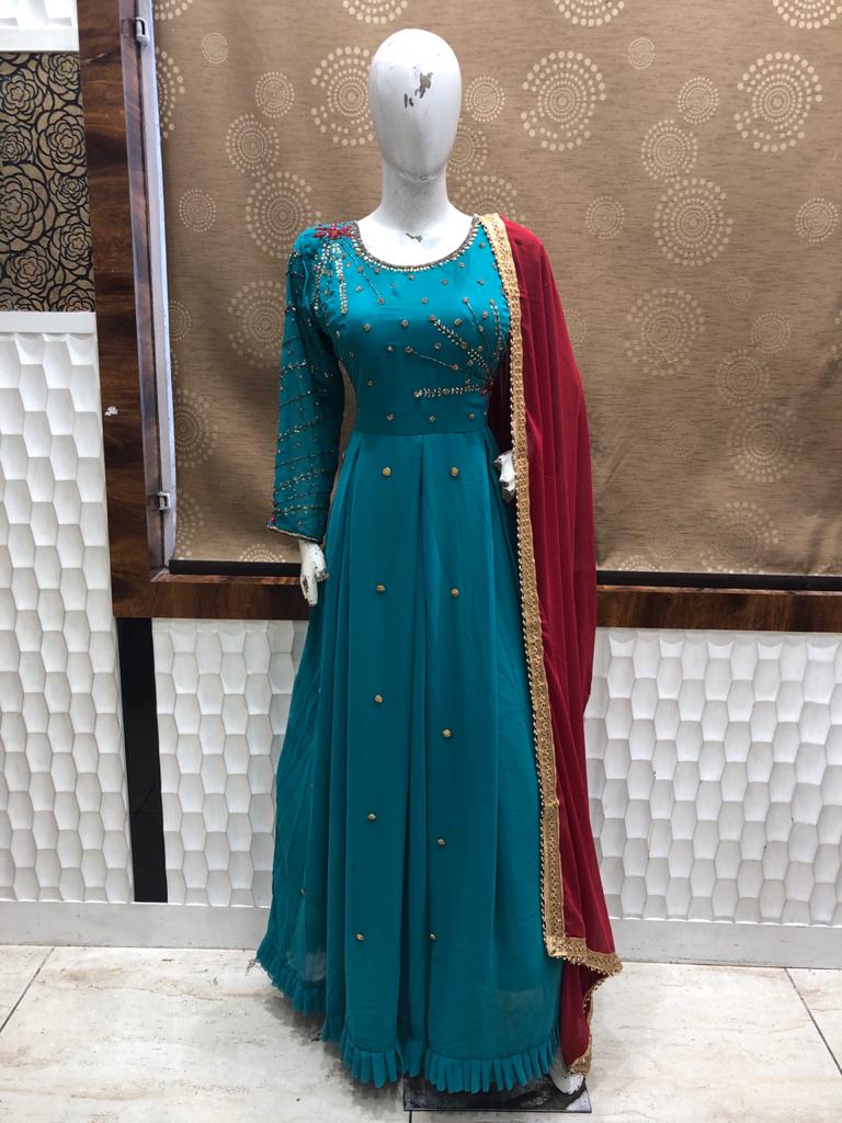 Blue Long Gown With Red Dupatta @ DressingStylesCA.com
