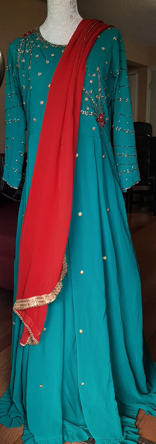 Blue Long Gown With Red Dupatta @ DressingStylesCA.com