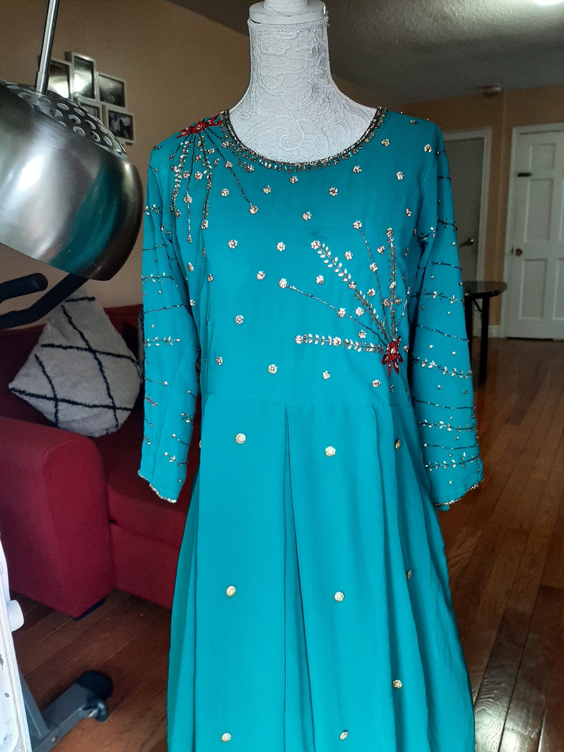 Blue Long Gown With Red Dupatta @ DressingStylesCA.com
