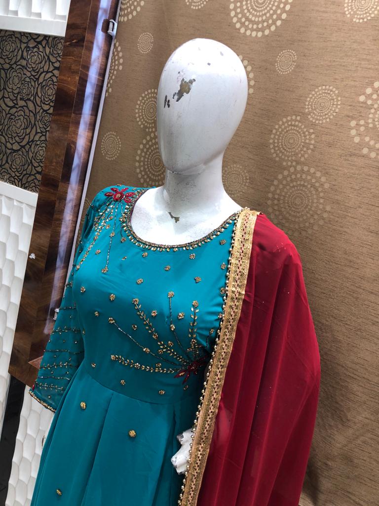 Blue Long Gown With Red Dupatta @ DressingStylesCA.com