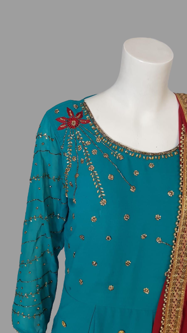 Blue Long Gown With Red Dupatta @ DressingStylesCA.com