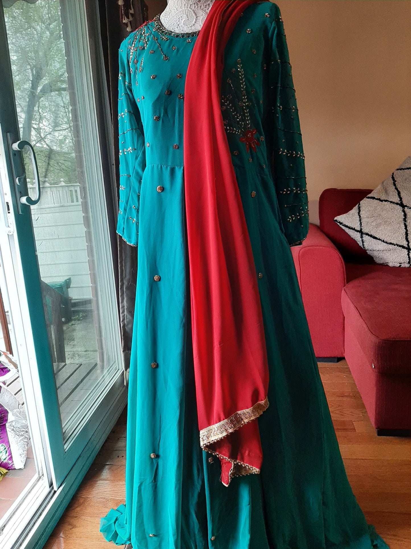 Blue Long Gown With Red Dupatta @ DressingStylesCA.com